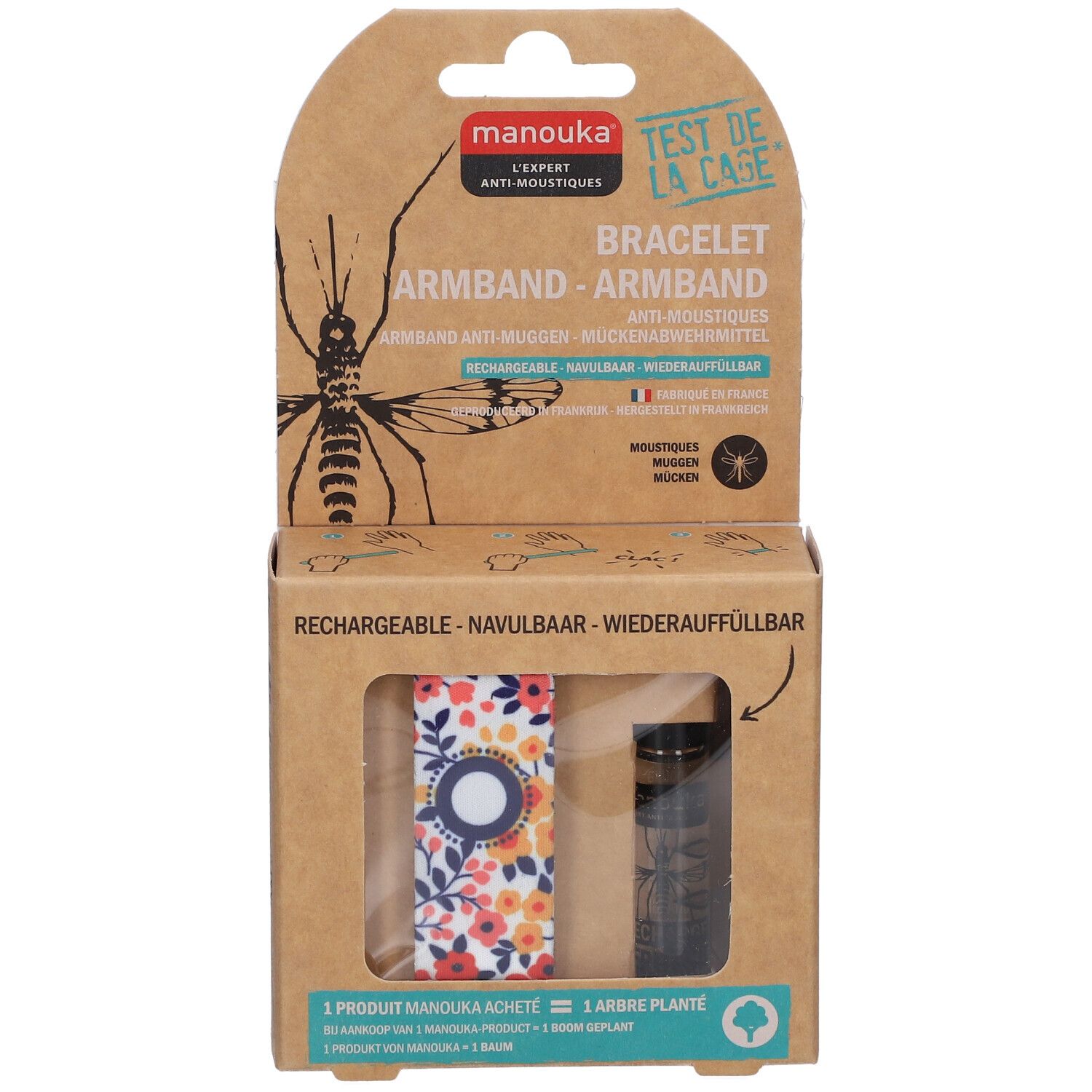 Boîte avec bracelet et flacon de recharge. Texte: Bracelet, anti-moustiques, rechargeable. Visible: bracelet à motifs floraux et flacon de recharge.