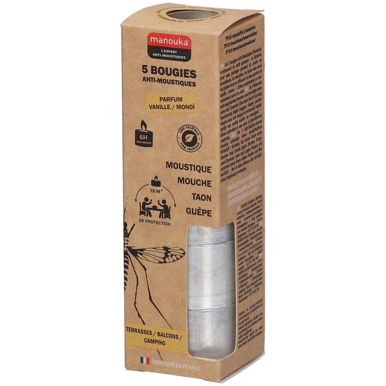 Boîte en carton Manouka contenant 5 bougies anti-moustiques. Parfum vanille/monoï. Protège contre moustiques, mouches, taons, guêpes.