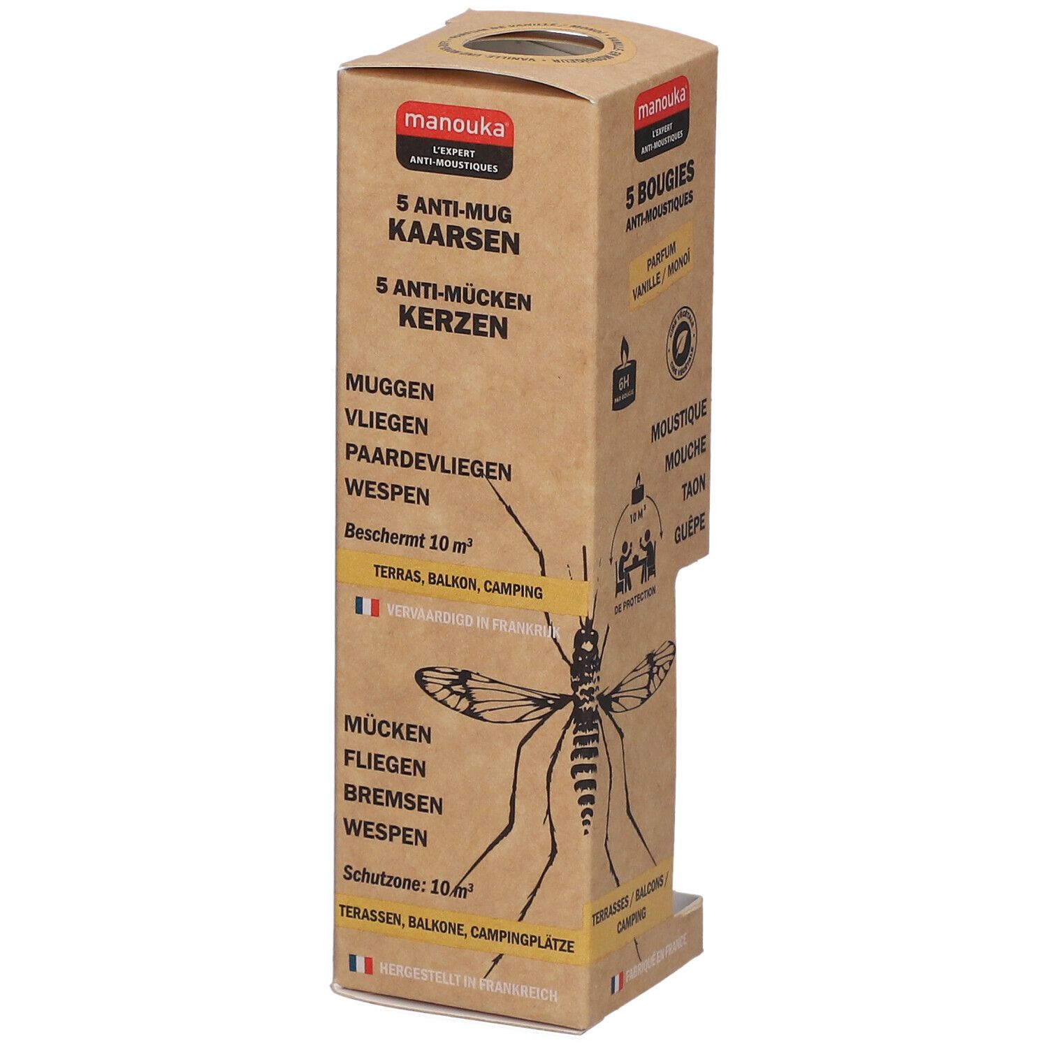 Boîte en carton Manouka avec 5 bougies anti-moustiques. Inscriptions multilingues. Protection contre les insectes. Zone de protection 10 m².