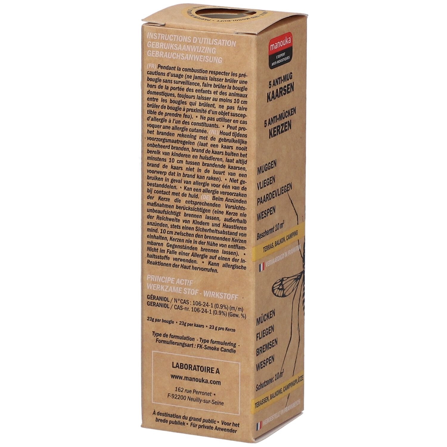 Dos de la boîte en carton avec instructions et ingrédients. Marque Manouka. Contient du géraniol. Laboratoire A.
