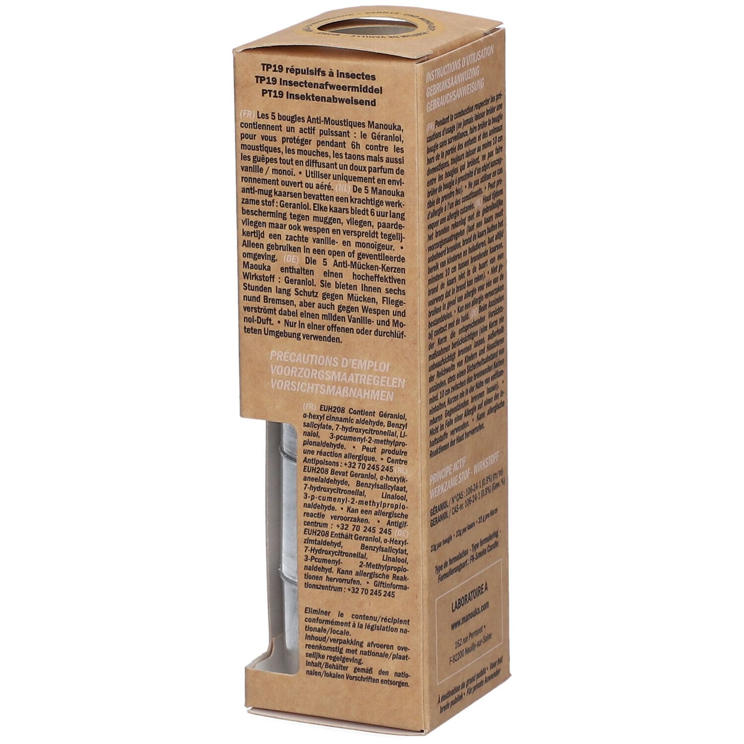 Gros plan sur la boîte en carton avec ingrédients et précautions. Contient du géraniol. Laboratoire A.