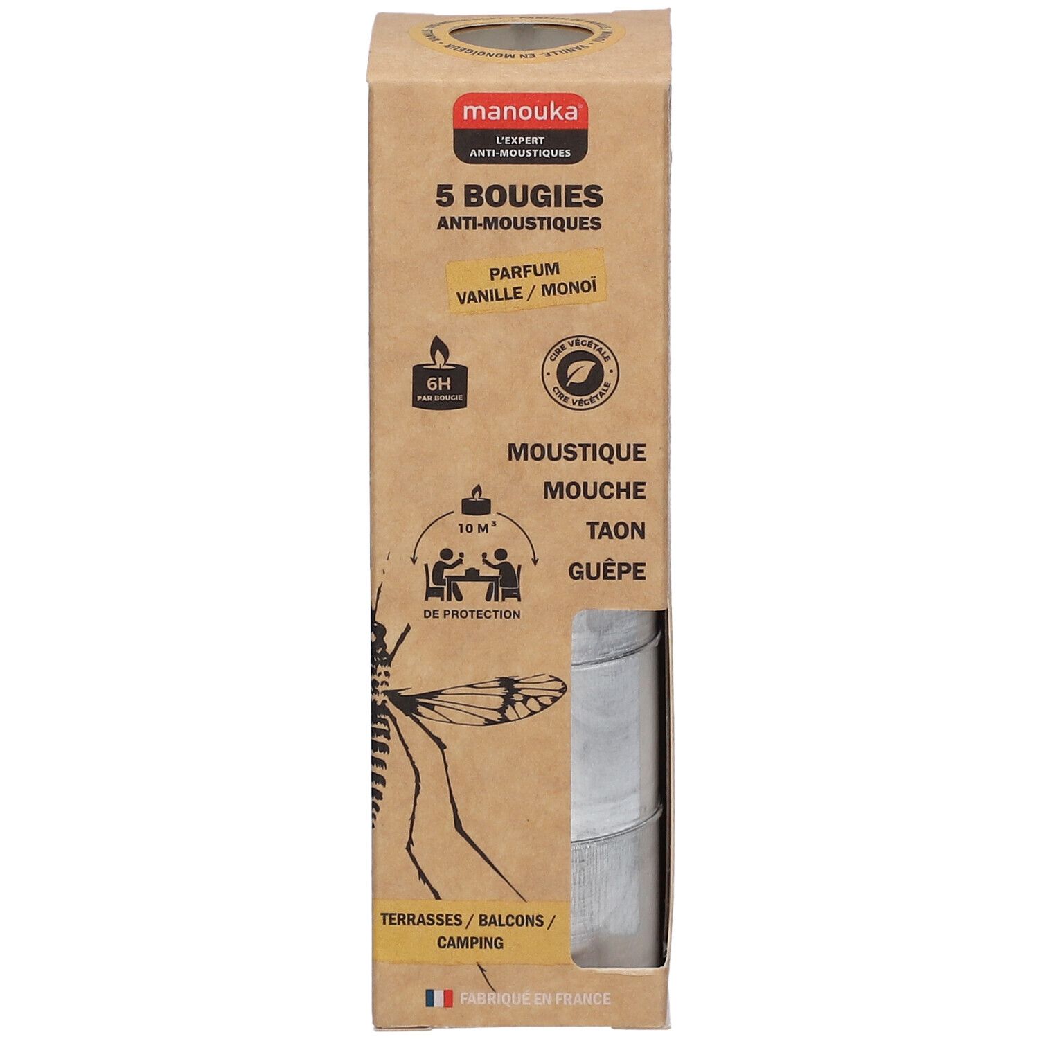 Boîte en carton Manouka contenant 5 bougies anti-moustiques. Parfum vanille/monoï. Protège contre moustiques, mouches, taons, guêpes.