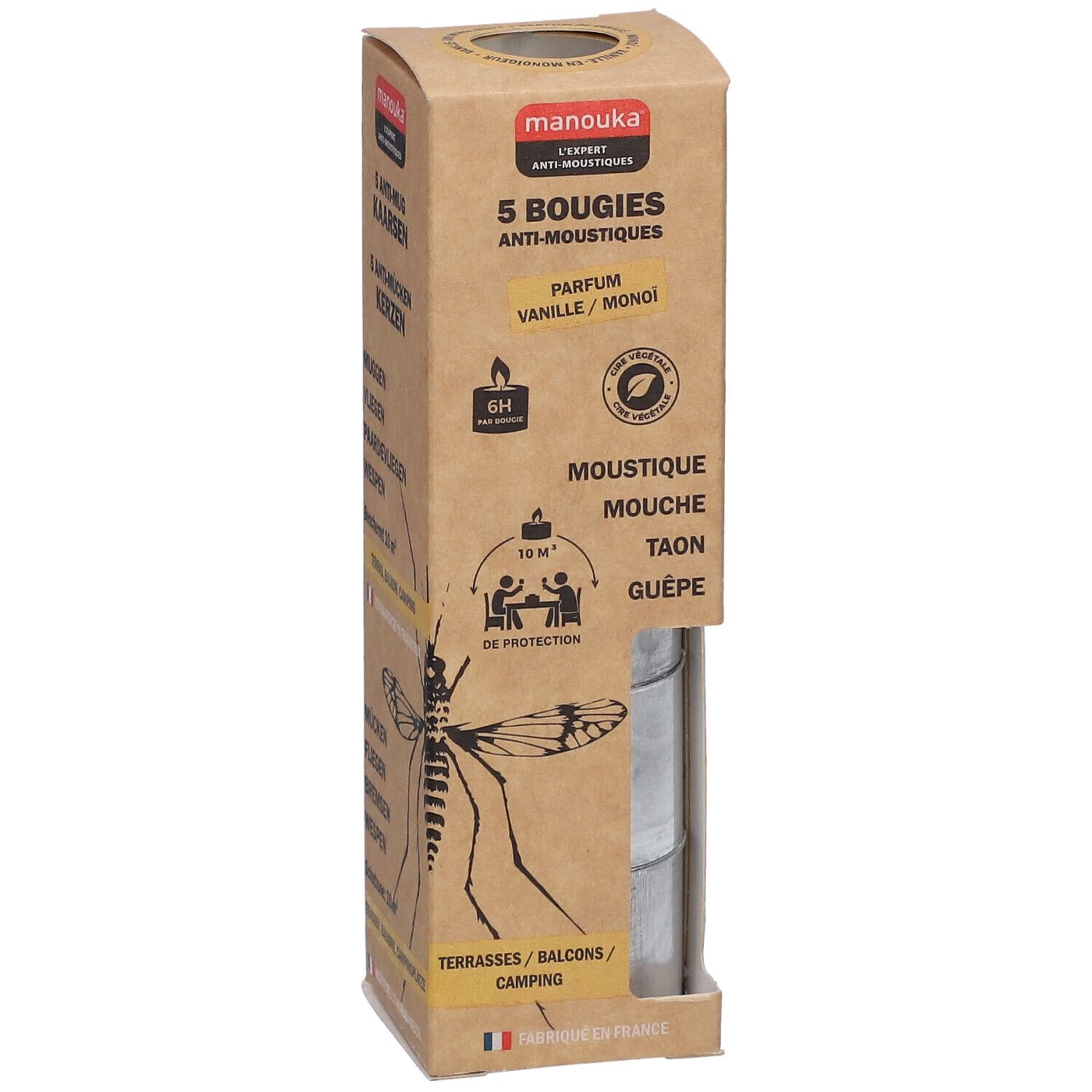 Boîte en carton Manouka contenant 5 bougies anti-moustiques. Parfum vanille/monoï. Protège contre moustiques, mouches, taons, guêpes.