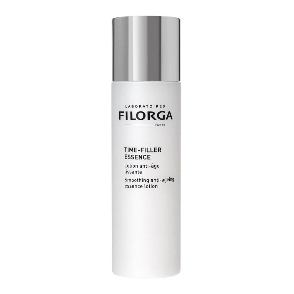 Weiße Flasche mit silbernem Deckel. FILORGA Time-Filler Essence. Text: Lotion anti-âge lissante.