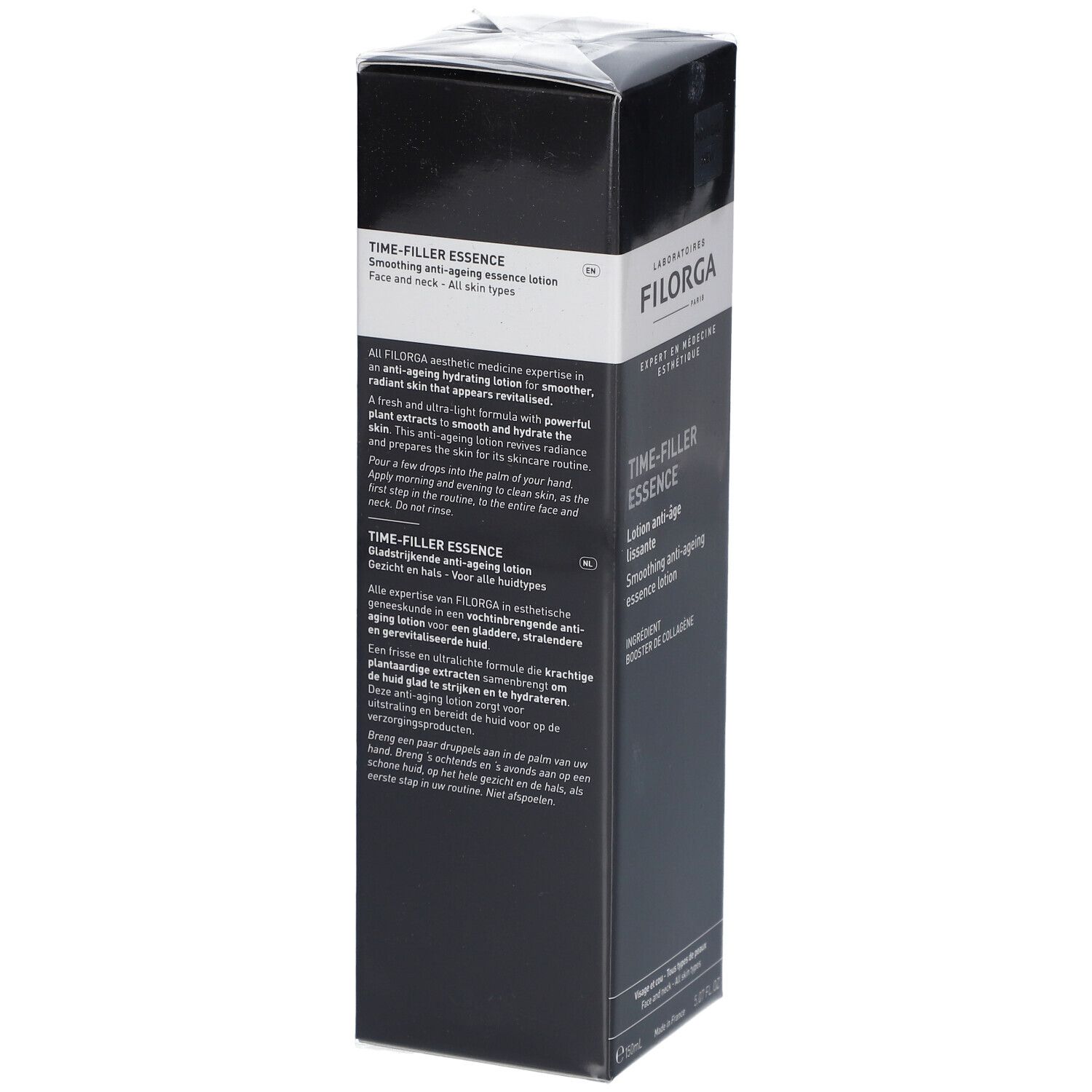 Schwarze Schachtel FILORGA Time-Filler Essence. Text: Anti-Aging-Lotion. Rückseite mit Produktinformationen in mehreren Sprachen.