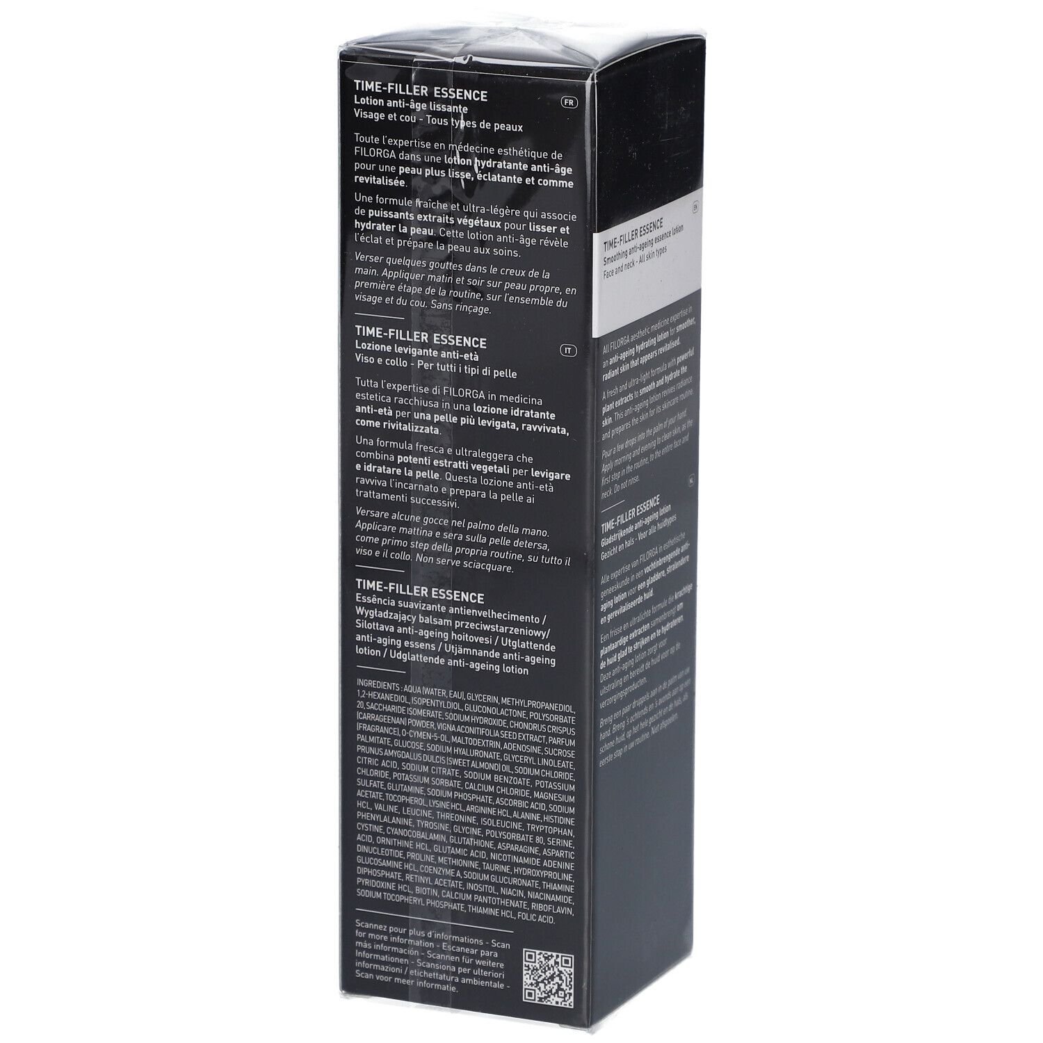 Schwarze Schachtel FILORGA Time-Filler Essence. Text: Anti-Aging-Lotion. Rückseite mit Produktinformationen in mehreren Sprachen.