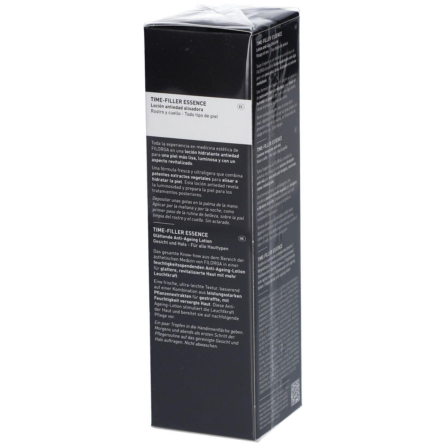Schwarze Schachtel FILORGA Time-Filler Essence. Text: Anti-Aging-Lotion. Rückseite mit Produktinformationen in mehreren Sprachen.