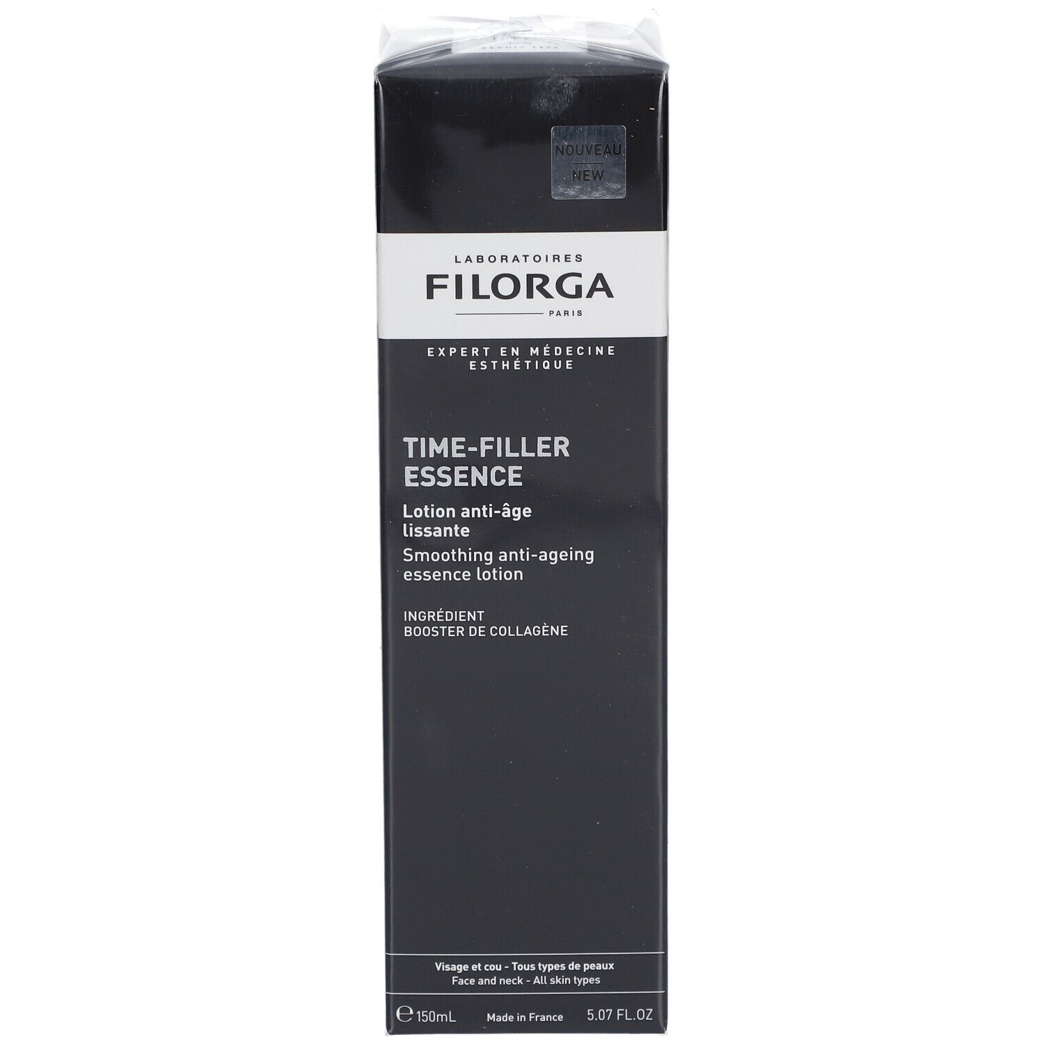 Schwarze Schachtel mit FILORGA Time-Filler Essence. Text: Anti-Aging-Lotion, Inhaltsstoff: Kollagen-Booster. Hergestellt in Frankreich.