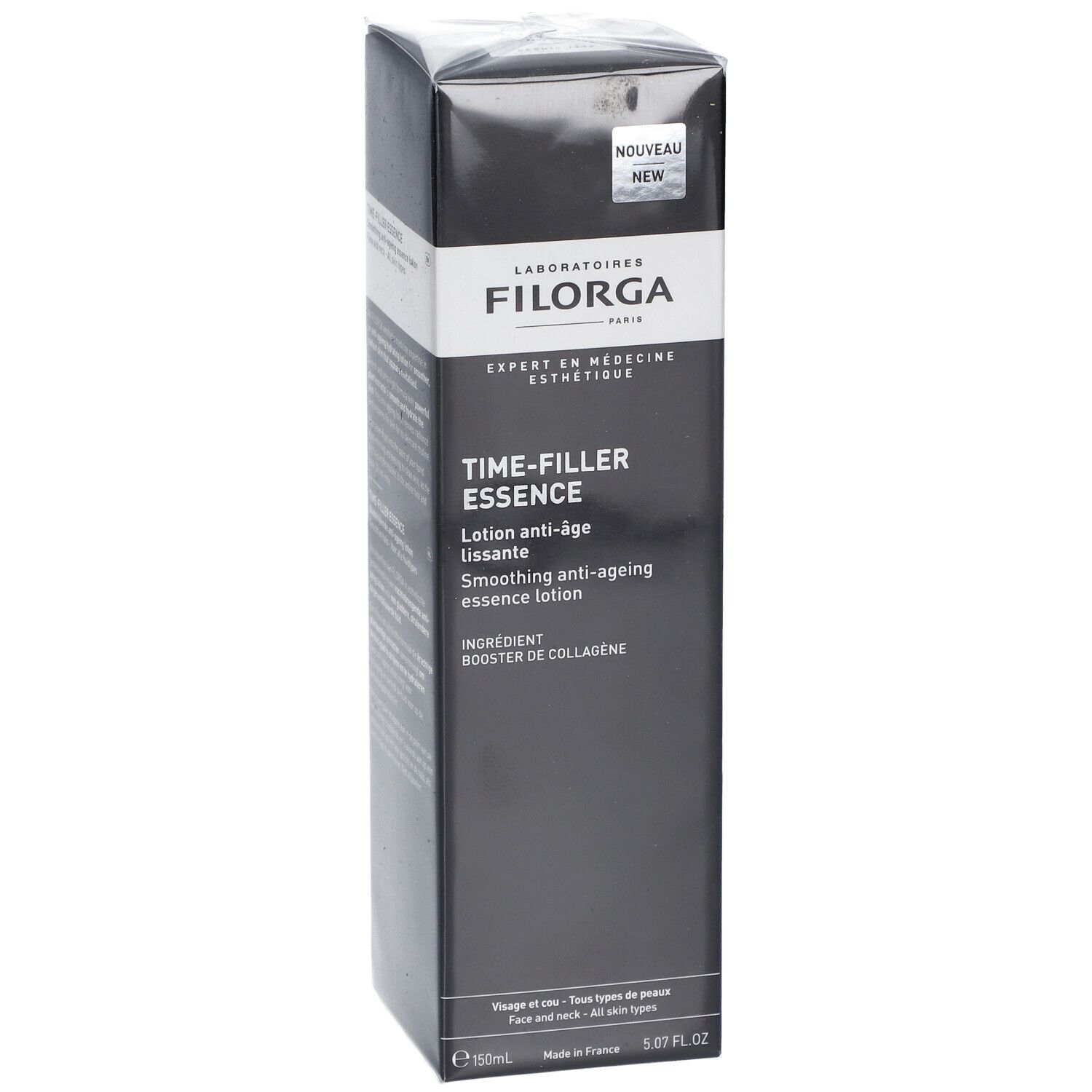 Schwarze Schachtel mit FILORGA Time-Filler Essence. Text: Anti-Aging-Lotion, Inhaltsstoff: Kollagen-Booster. Hergestellt in Frankreich.