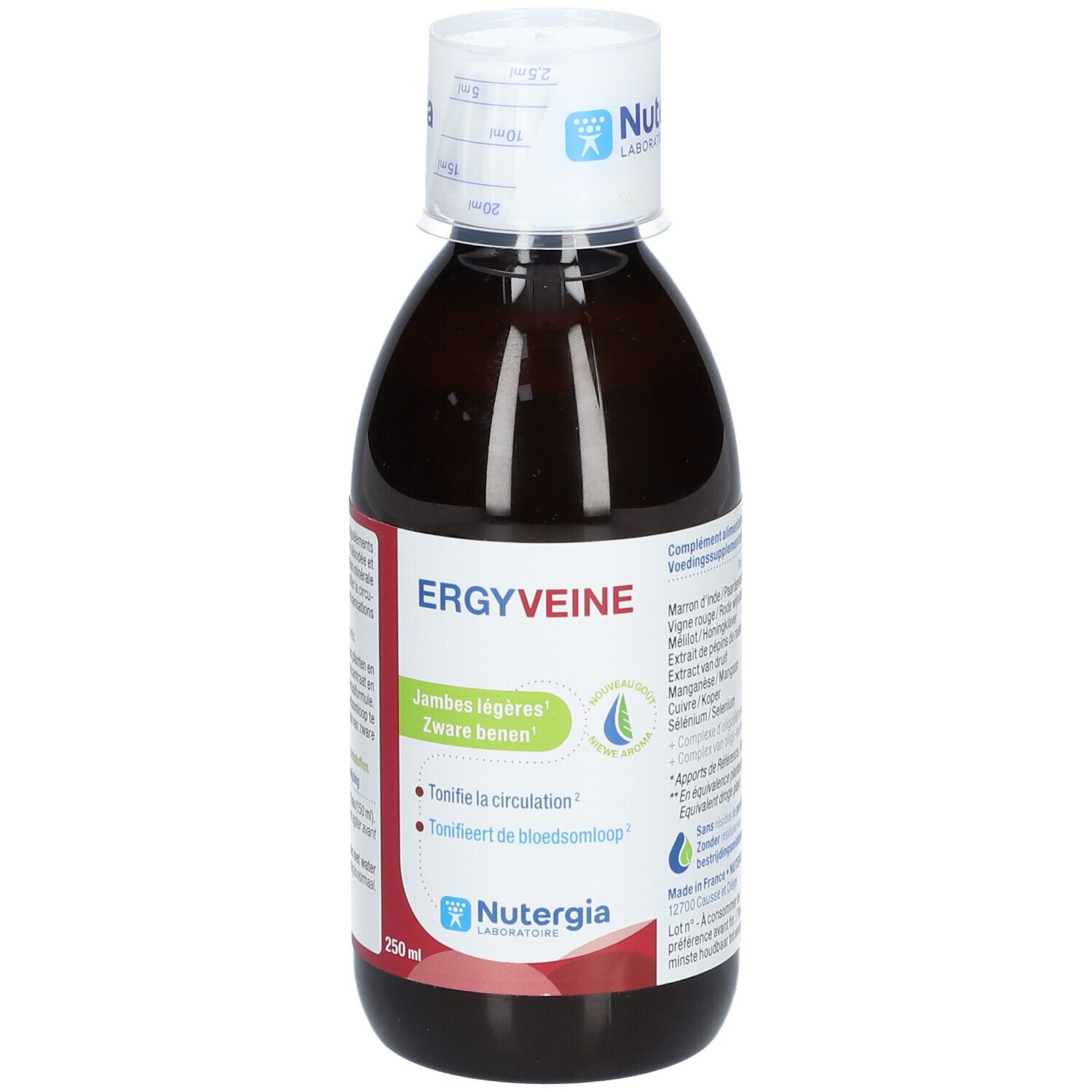 Flacon brun avec bouchon blanc. Inscription ERGYVEINE et Nutergia. Texte en français et néerlandais.