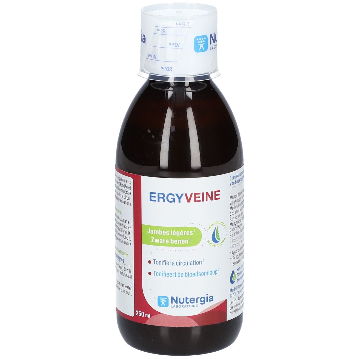 Flacon brun avec bouchon blanc. Inscription ERGYVEINE et Nutergia. Texte en français et néerlandais.