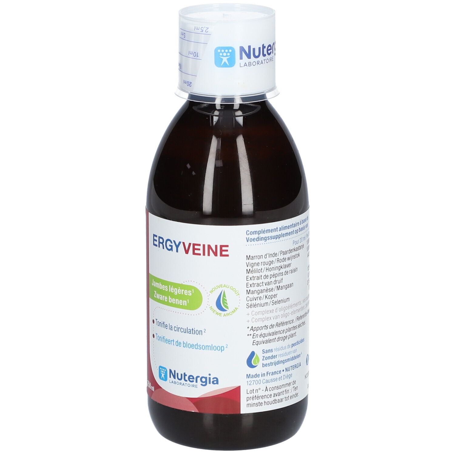 Flacon brun avec bouchon blanc. Inscription ERGYVEINE et Nutergia. Texte en français et néerlandais.