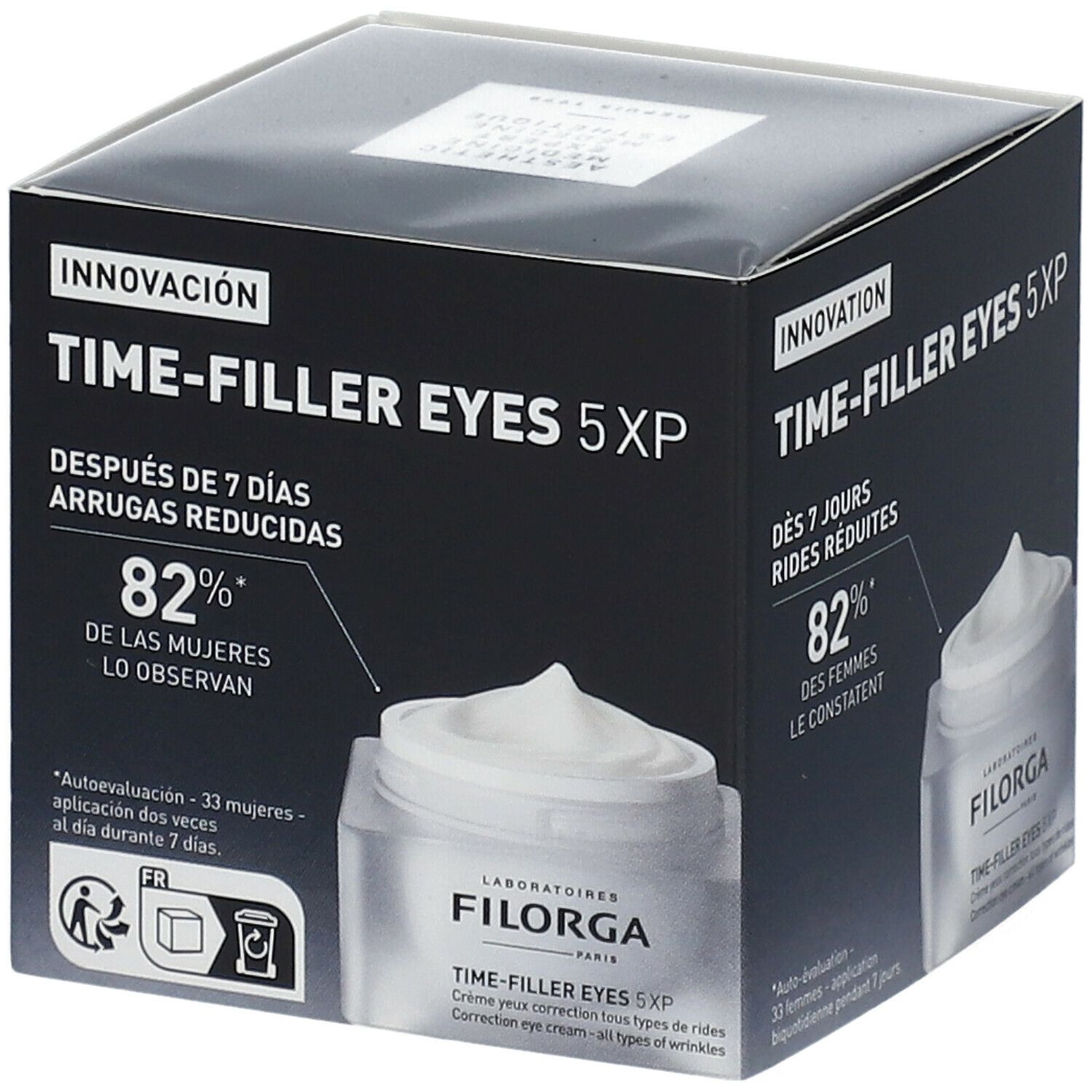 Boîte de crème. Inscription : TIME-FILLER EYES 5XP, 82% des femmes l'observent. Marque : LABORATOIRES FILORGA.