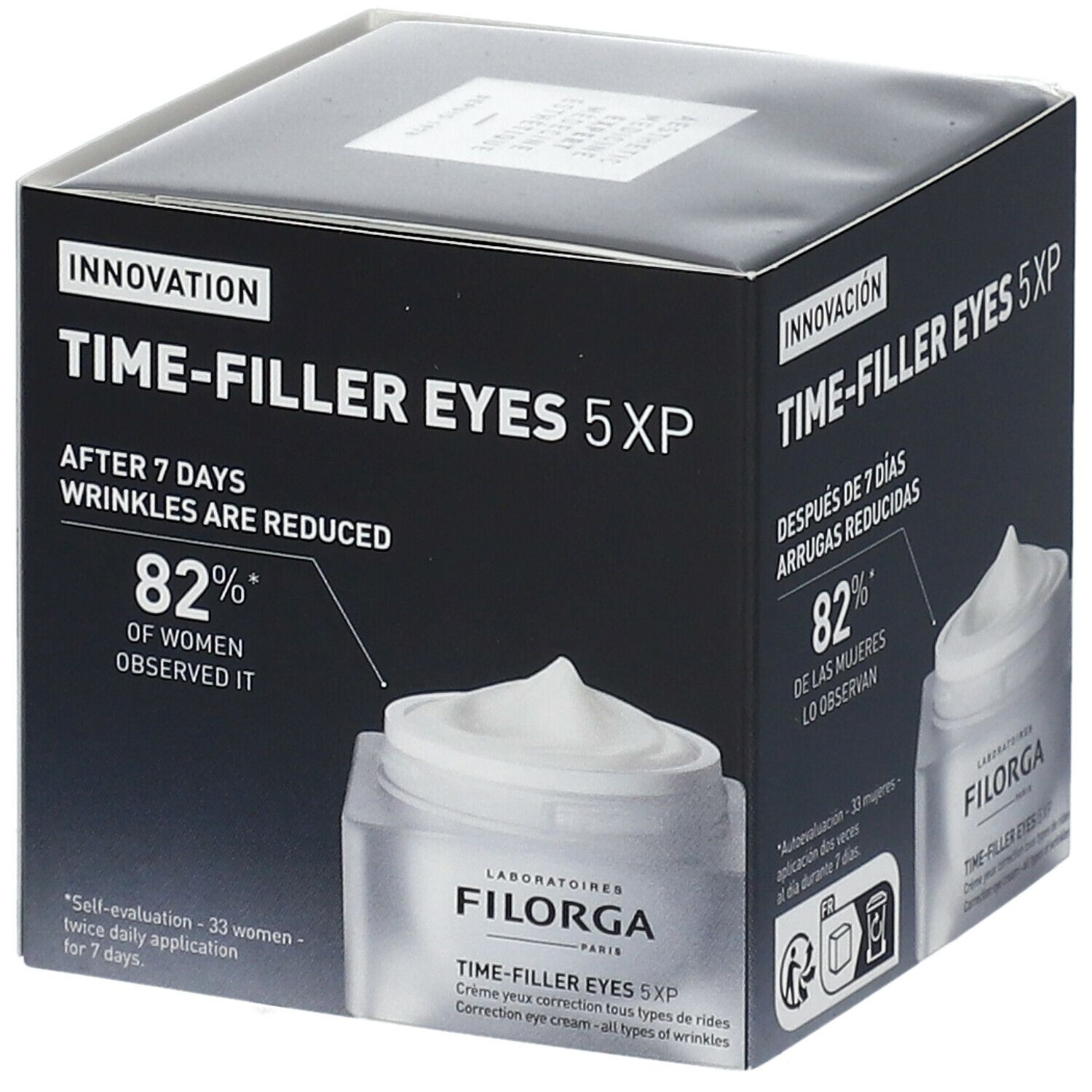 Boîte de crème. Inscription : TIME-FILLER EYES 5XP, 82% des femmes l'observent. Marque : LABORATOIRES FILORGA.