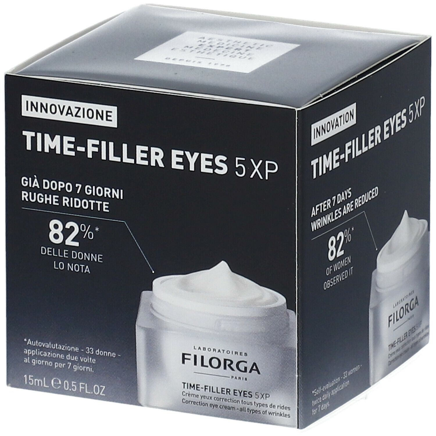 Boîte de crème. Inscription : TIME-FILLER EYES 5XP, 82% des femmes constatent. Marque : LABORATOIRES FILORGA.