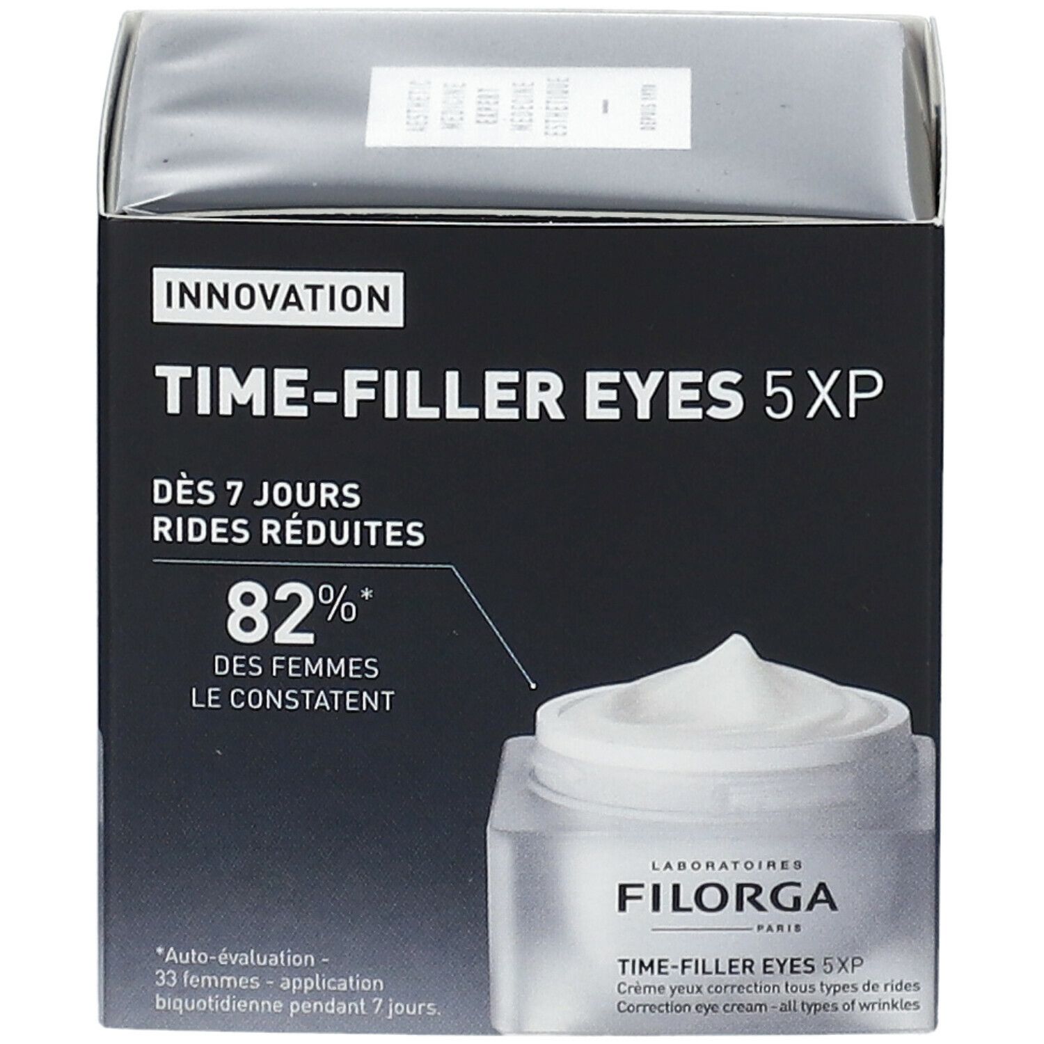 Boîte de crème. Inscription : TIME-FILLER EYES 5XP, 82% des femmes constatent. Marque : LABORATOIRES FILORGA.