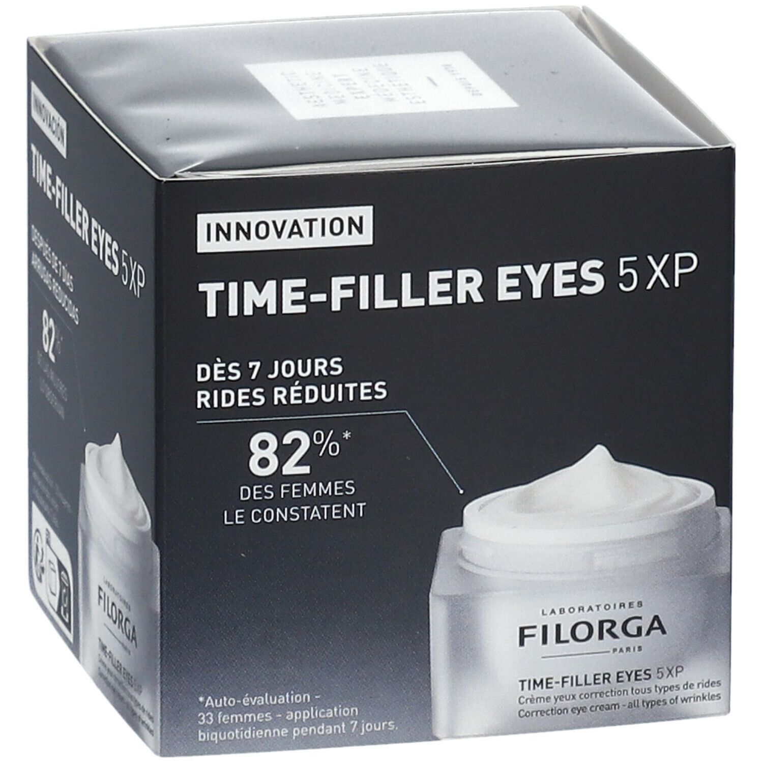 Boîte de crème. Inscription : TIME-FILLER EYES 5XP, 82% des femmes constatent. Marque : LABORATOIRES FILORGA.