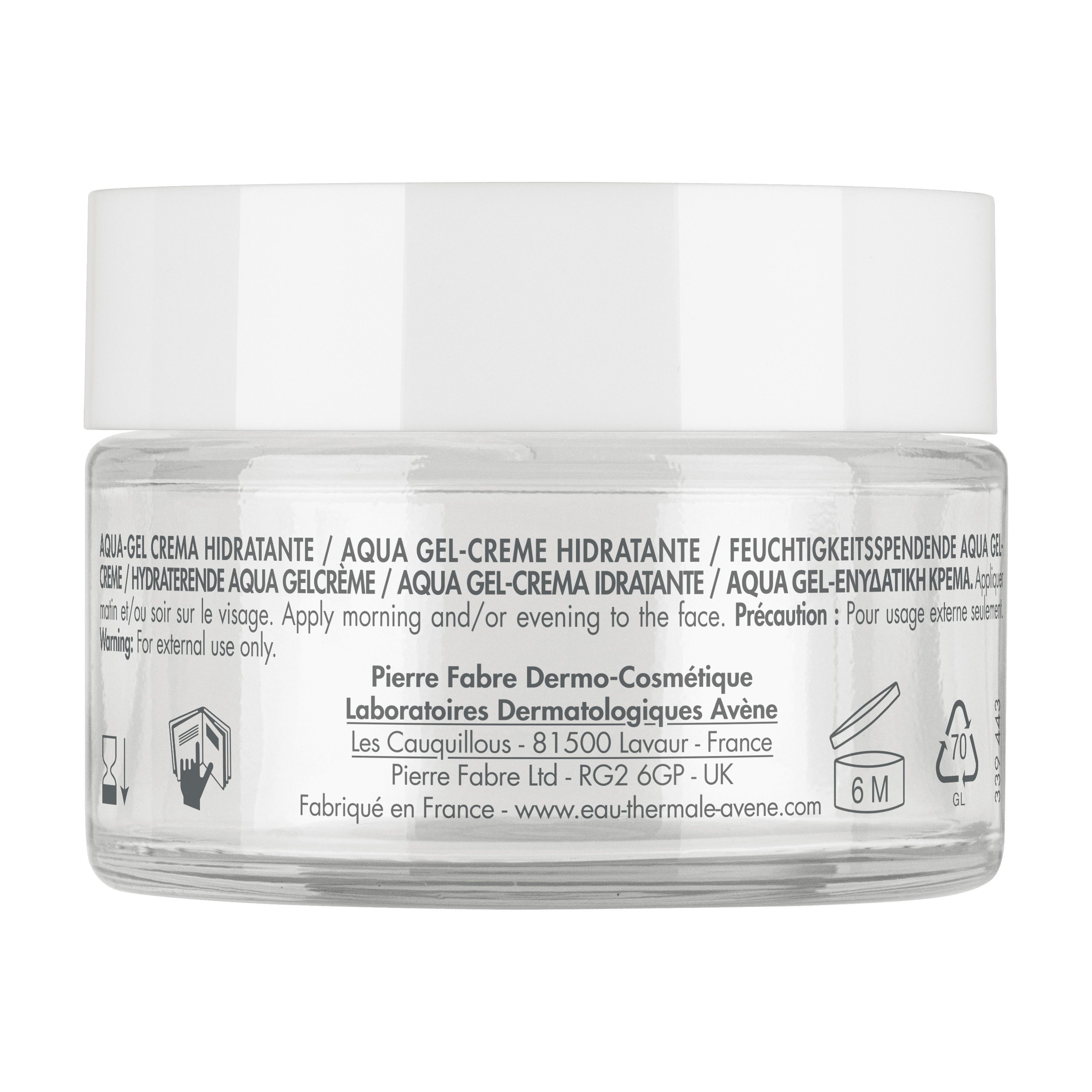 Achterkant van de crèmepot met tekst. Opschrift: Aqua Gel-Crème hydratant. 50ml.