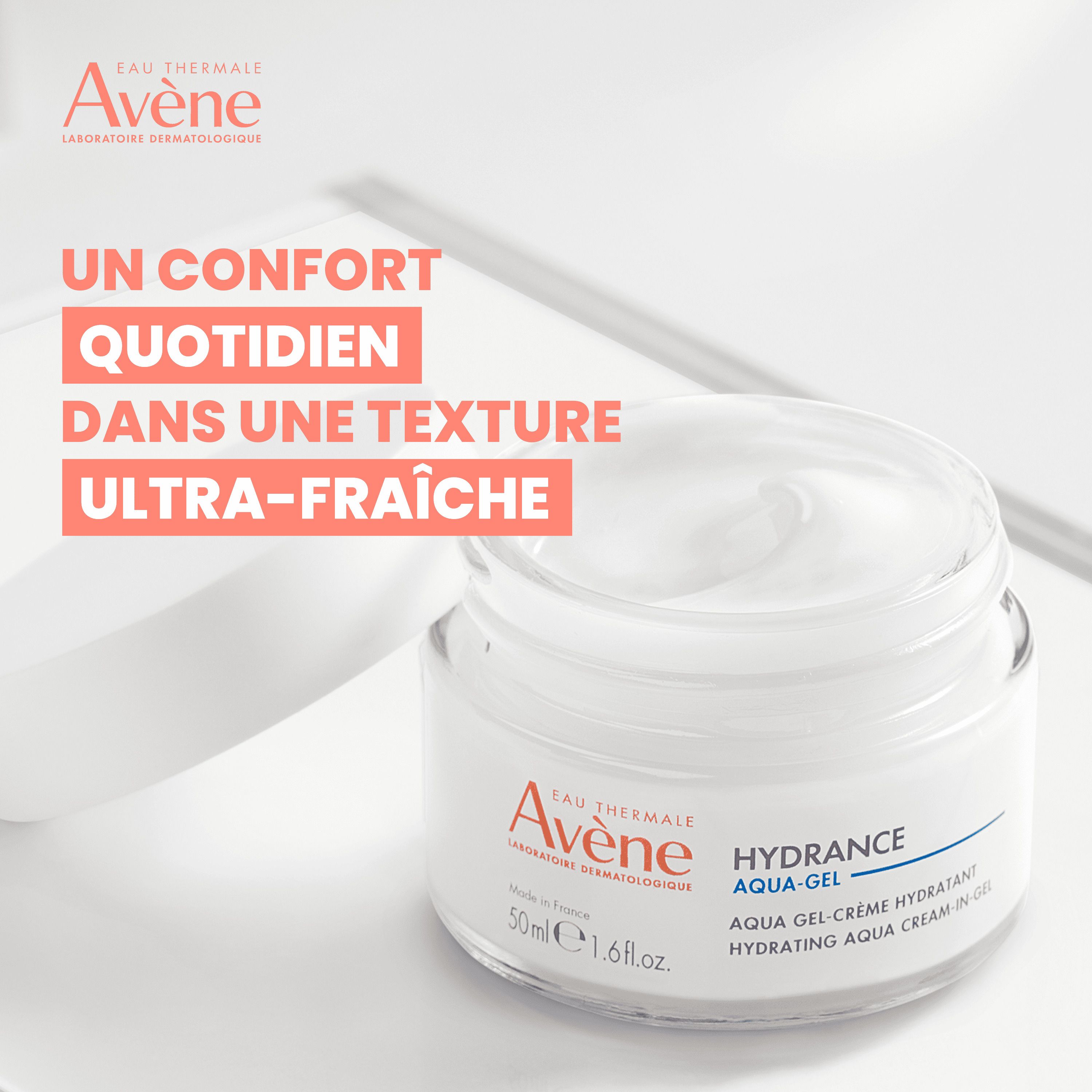 Pot de crème et texte. Inscription: Avène, Hydrance Aqua-Gel. 50ml. Texte: Un confort quotidien.