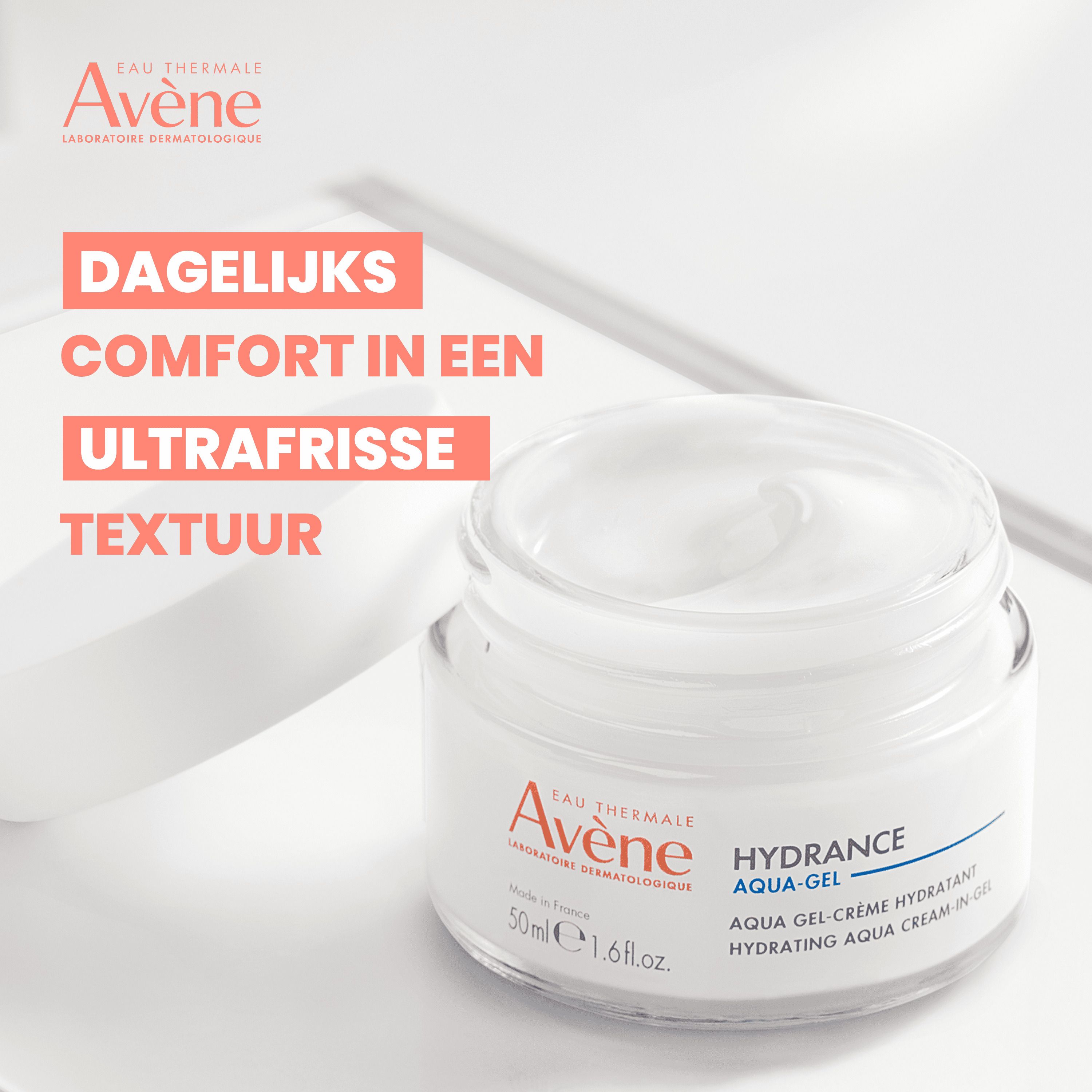 Crèmepot en tekst. Opschrift: Avène, Hydrance Aqua-Gel. 50ml. Tekst: Dagelijks comfort.
