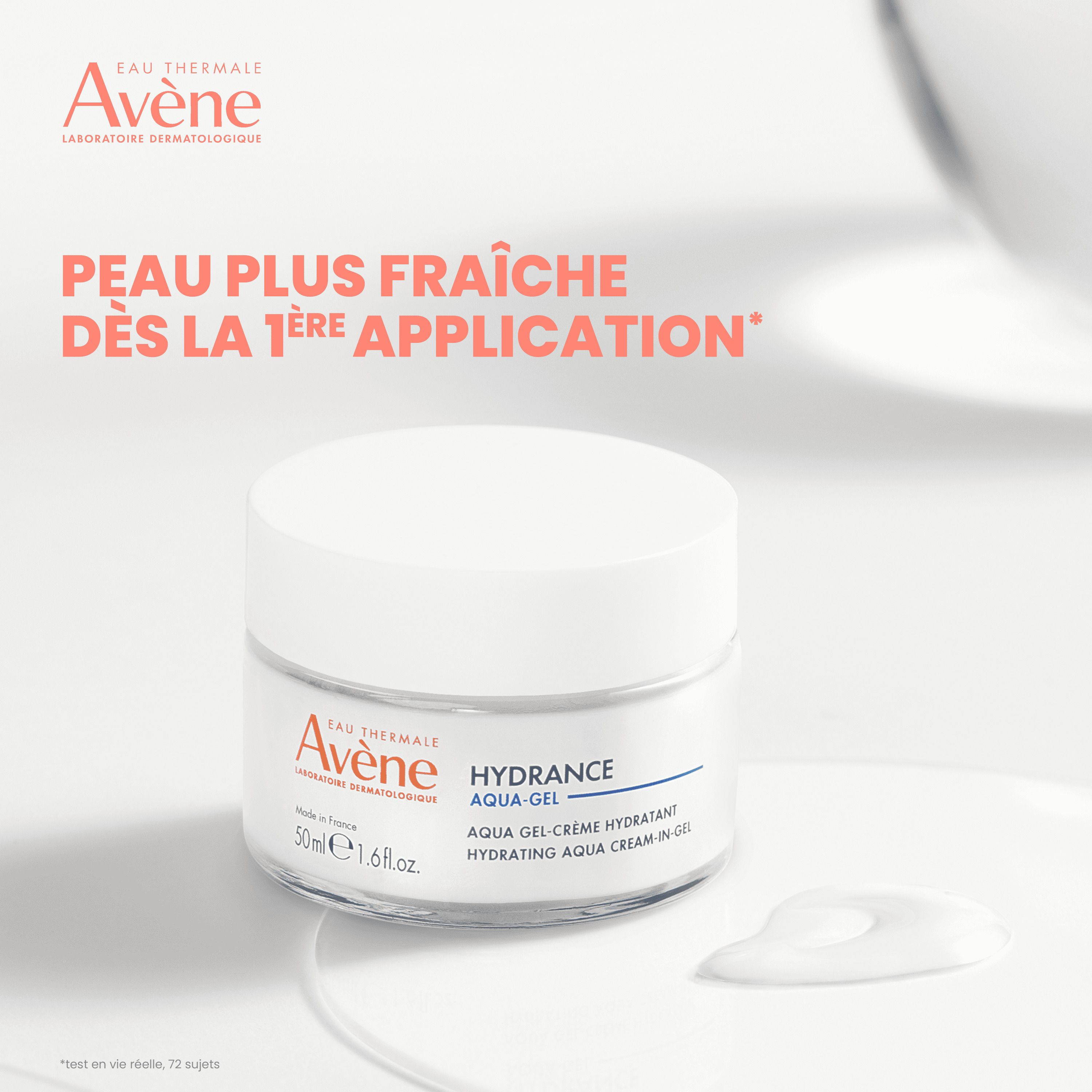 Pot de crème et texte. Inscription: Avène, Hydrance Aqua-Gel. 50ml. Texte: Peau plus fraîche.