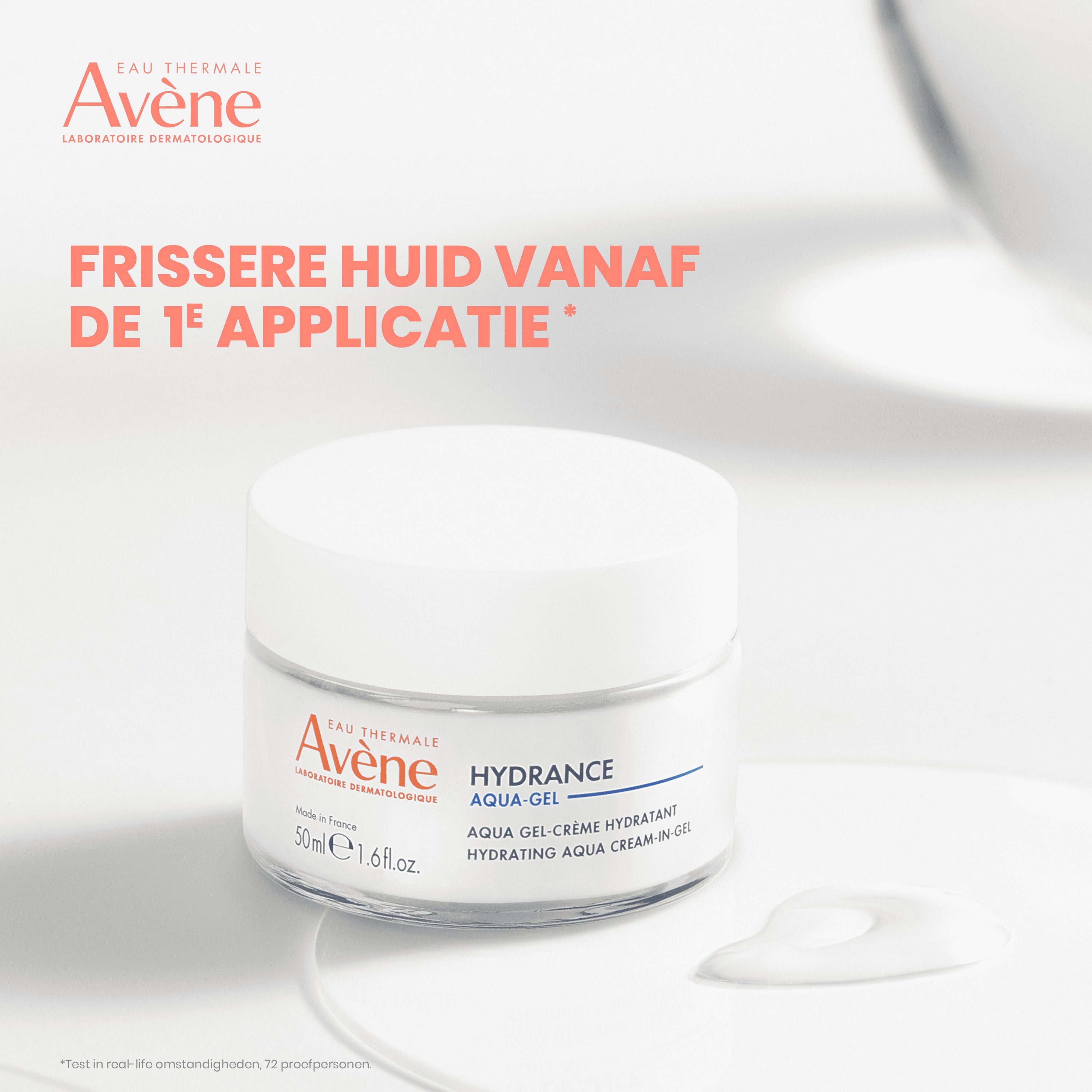 Crèmepot en tekst. Opschrift: Avène, Hydrance Aqua-Gel. 50ml. Tekst: Frissere huid.