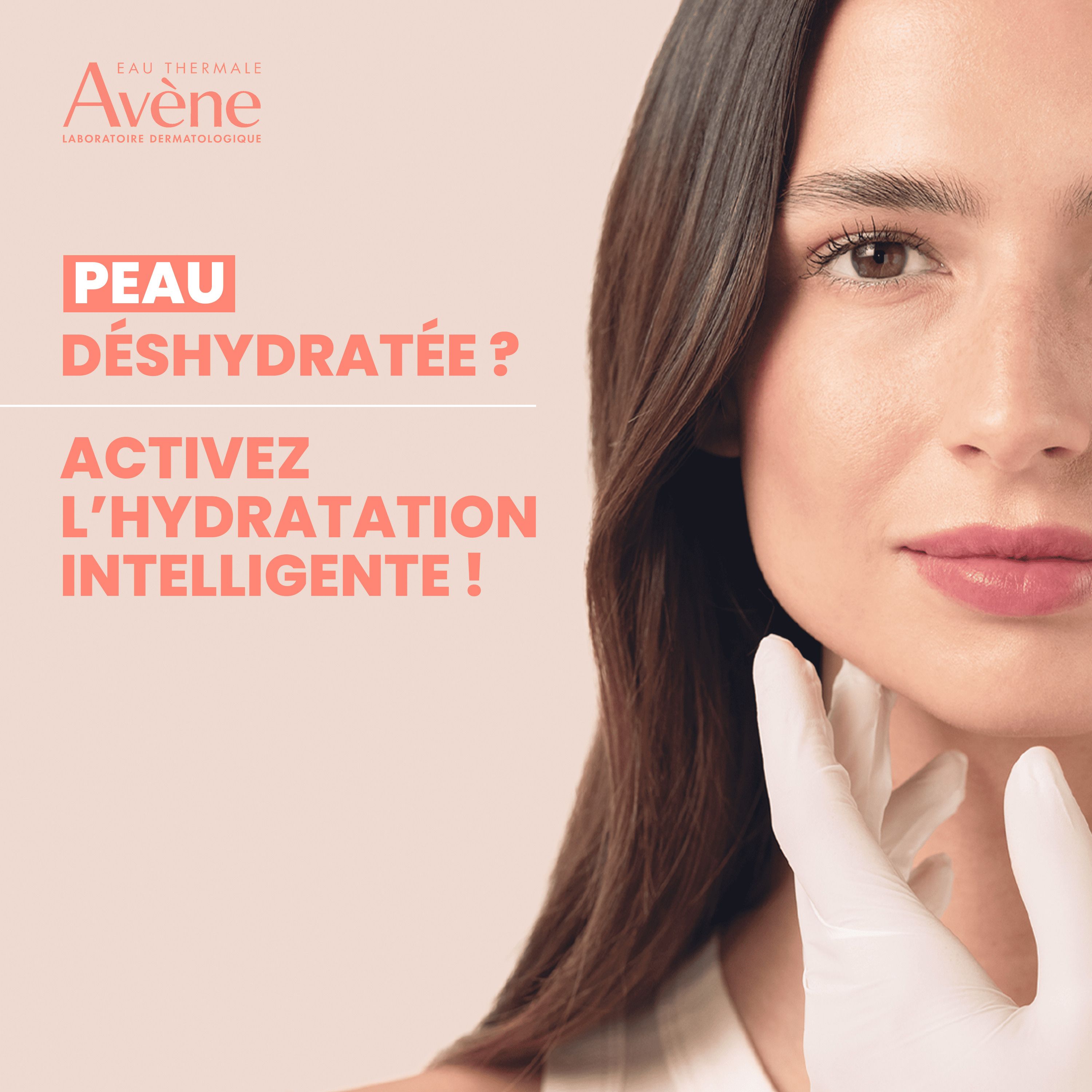 Femme avec crème. Inscription: Avène, Hydrance Aqua-Gel. Texte: Peau déshydratée?