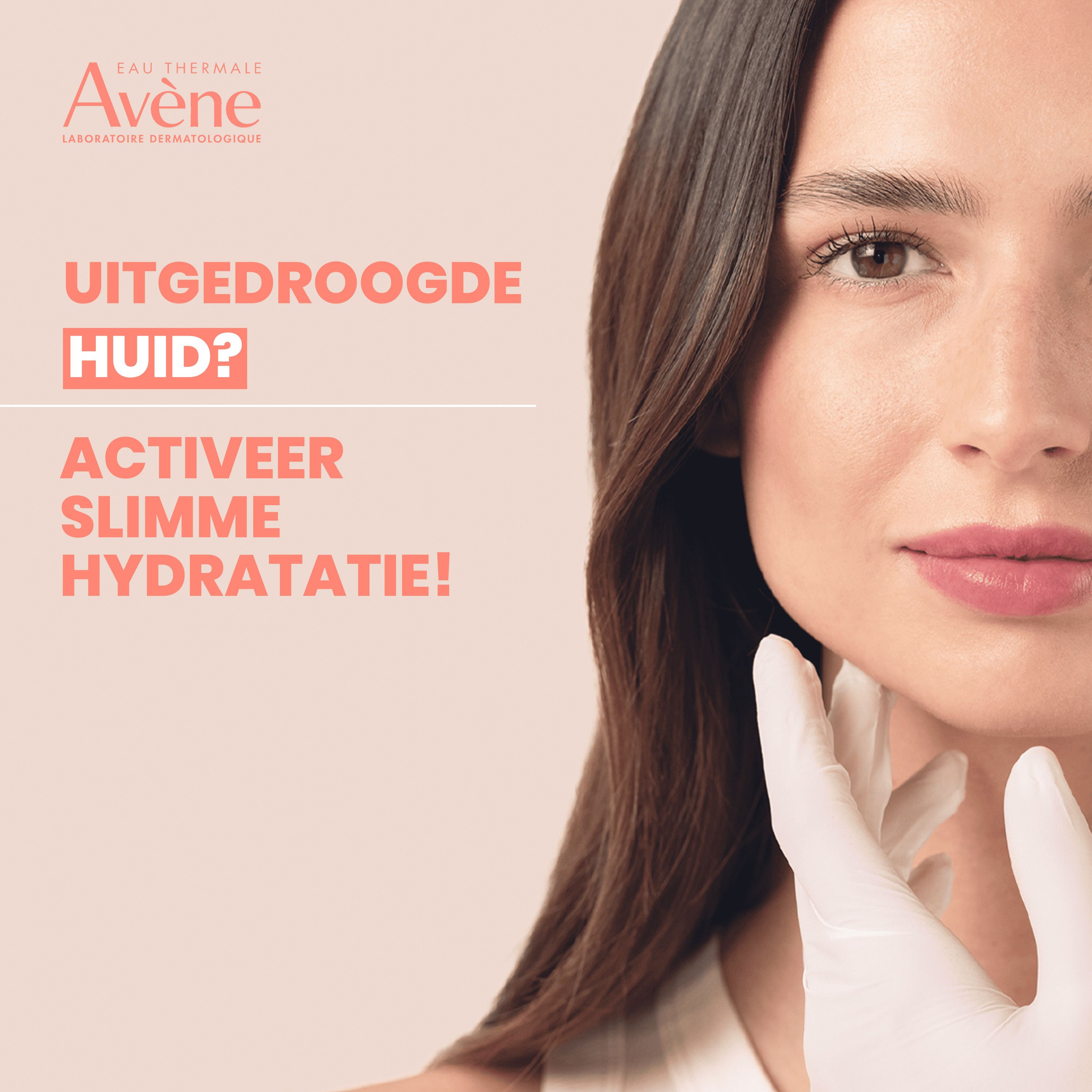 Vrouw met crème. Opschrift: Avène, Hydrance Aqua-Gel. Tekst: Uitgedroogde huid?