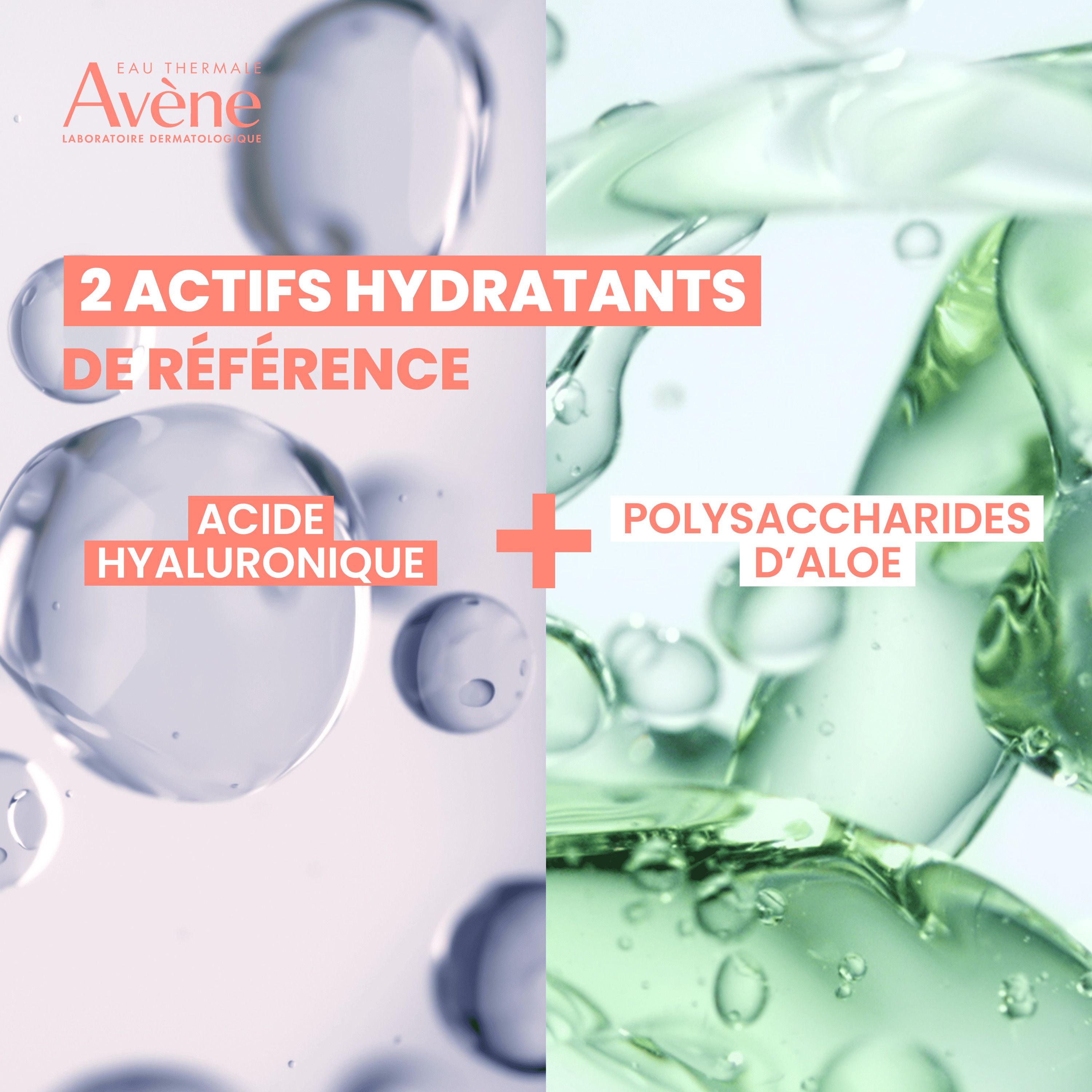 Deux liquides. Inscription: Acide hyaluronique + Polysaccharides d'aloe.
