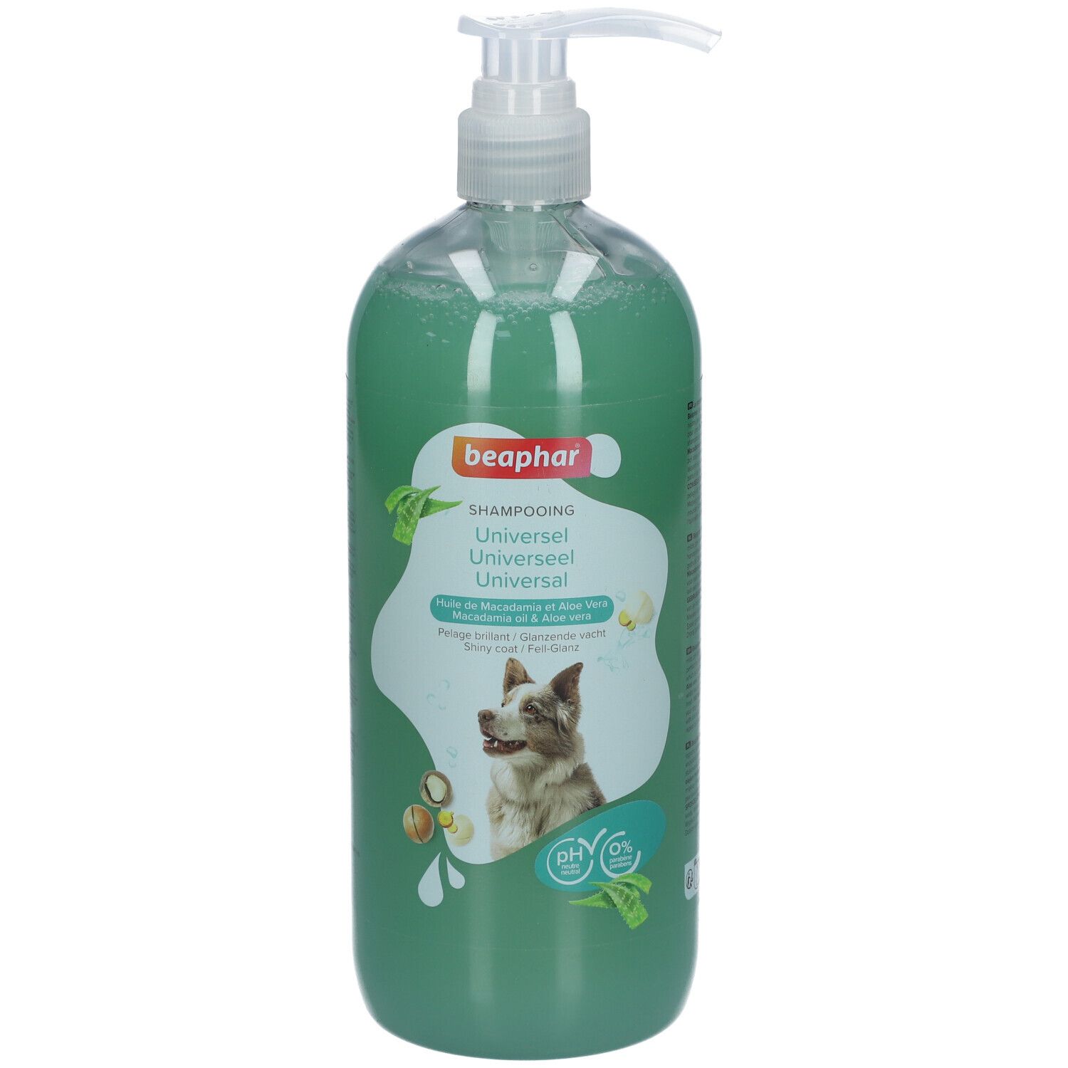 Grüne Shampoo-Flasche mit Pumpe. Aufkleber mit Produktname, Hundebild und Marke Beaphar. pH-neutral.