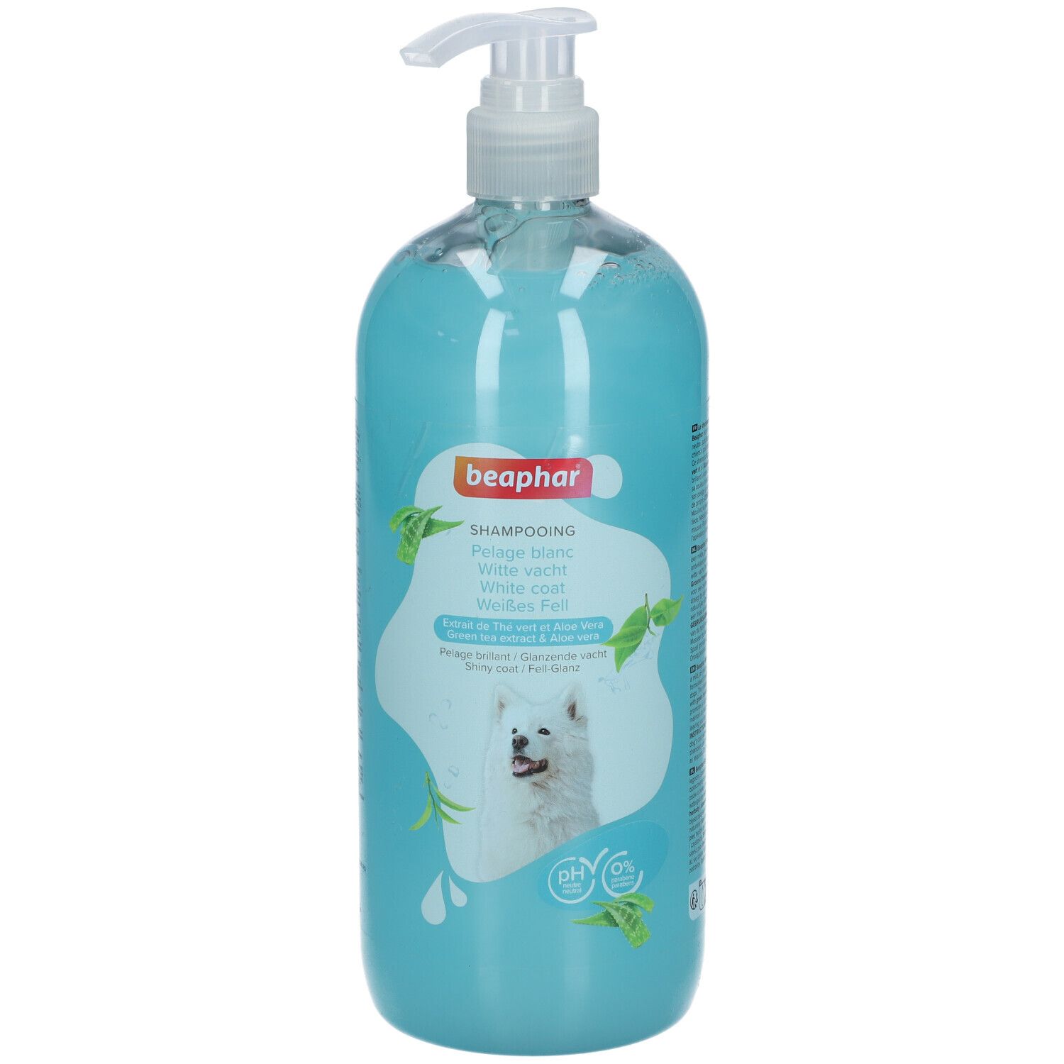 Flacon de shampooing Beaphar Pelage Blanc Chien, bleu clair, avec pompe. Image d'un chien, feuilles et nom du produit.