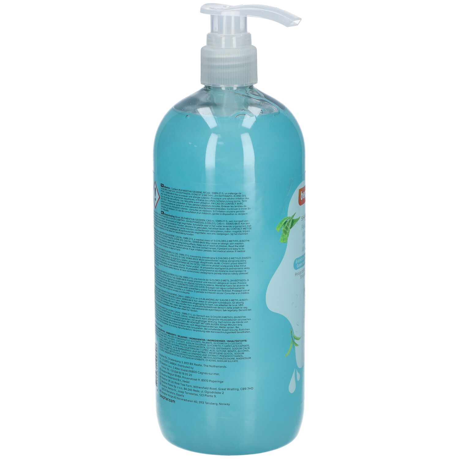 Dos du flacon de shampooing. Texte multilingue. Avertissement et code-barres.