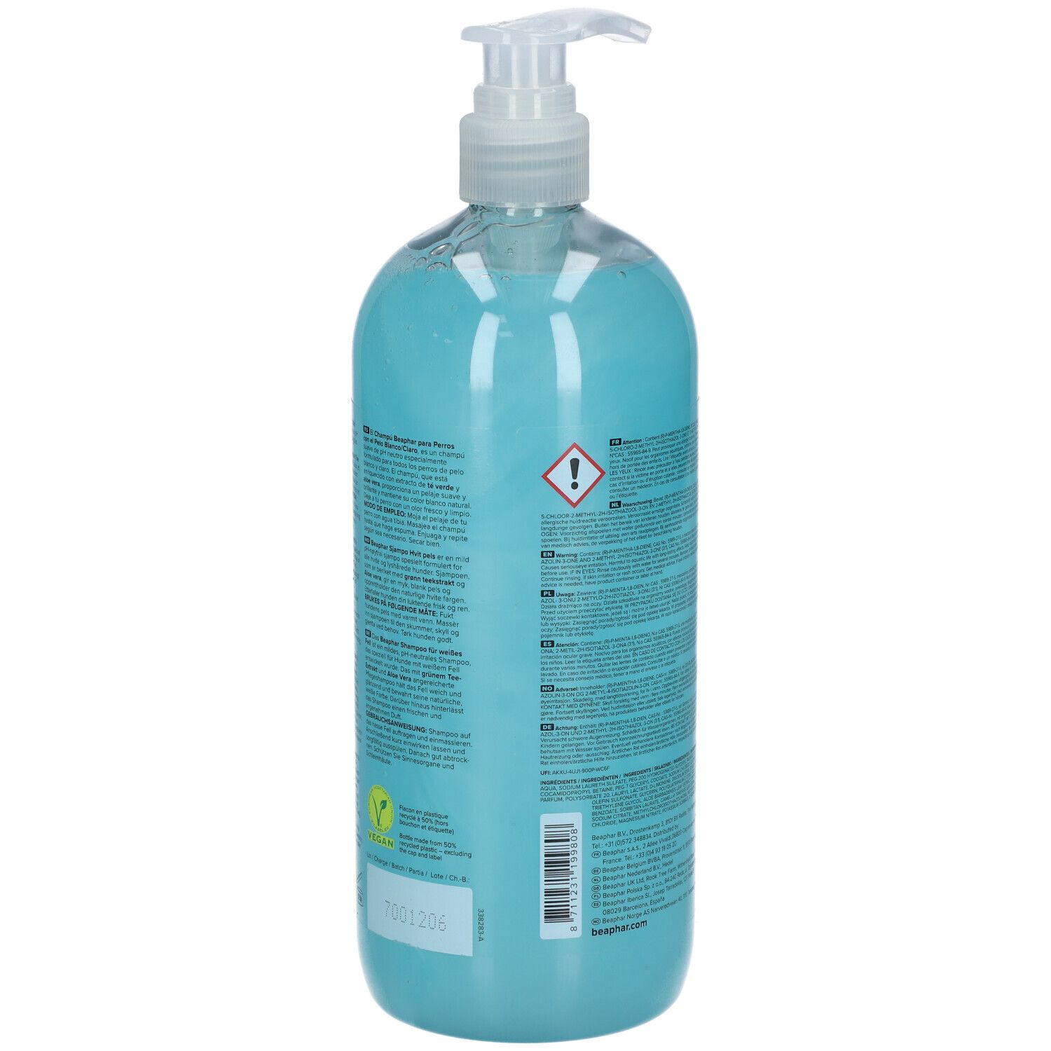 Dos du flacon de shampooing. Texte multilingue. Avertissement et code-barres.