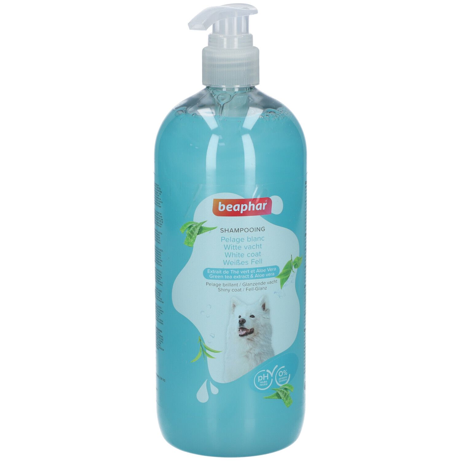 Flacon de shampooing Beaphar Pelage Blanc Chien, bleu clair, avec pompe. Image d'un chien, feuilles et nom du produit.
