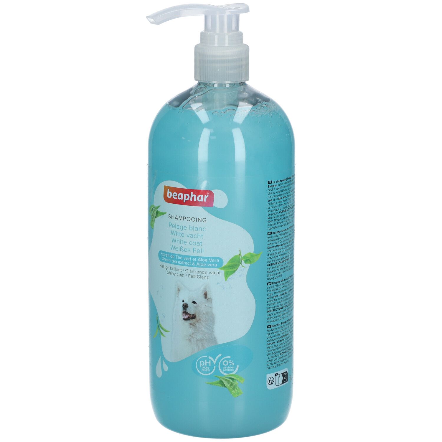 Flacon de shampooing Beaphar Pelage Blanc Chien, bleu clair, avec pompe. Image d'un chien, feuilles et nom du produit.