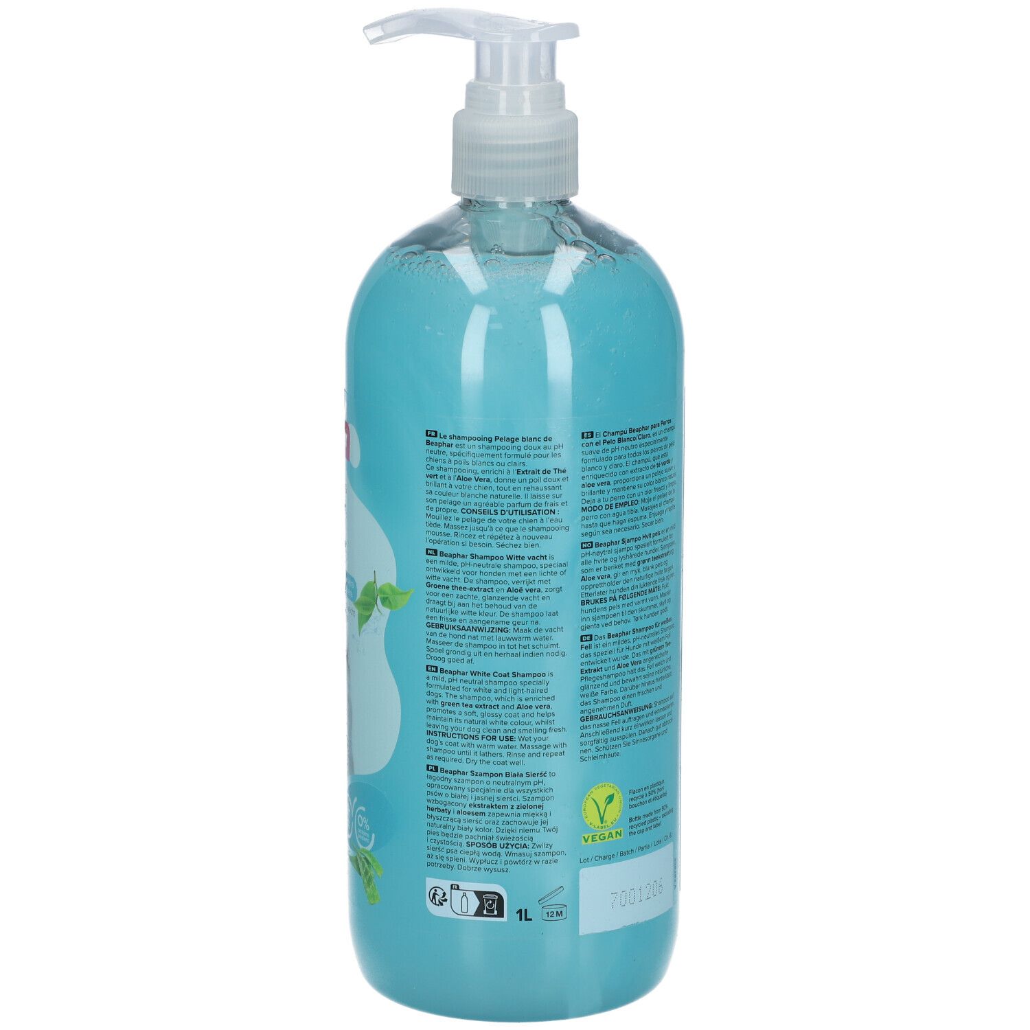 Dos du flacon de shampooing. Texte multilingue. Label vegan et code-barres.