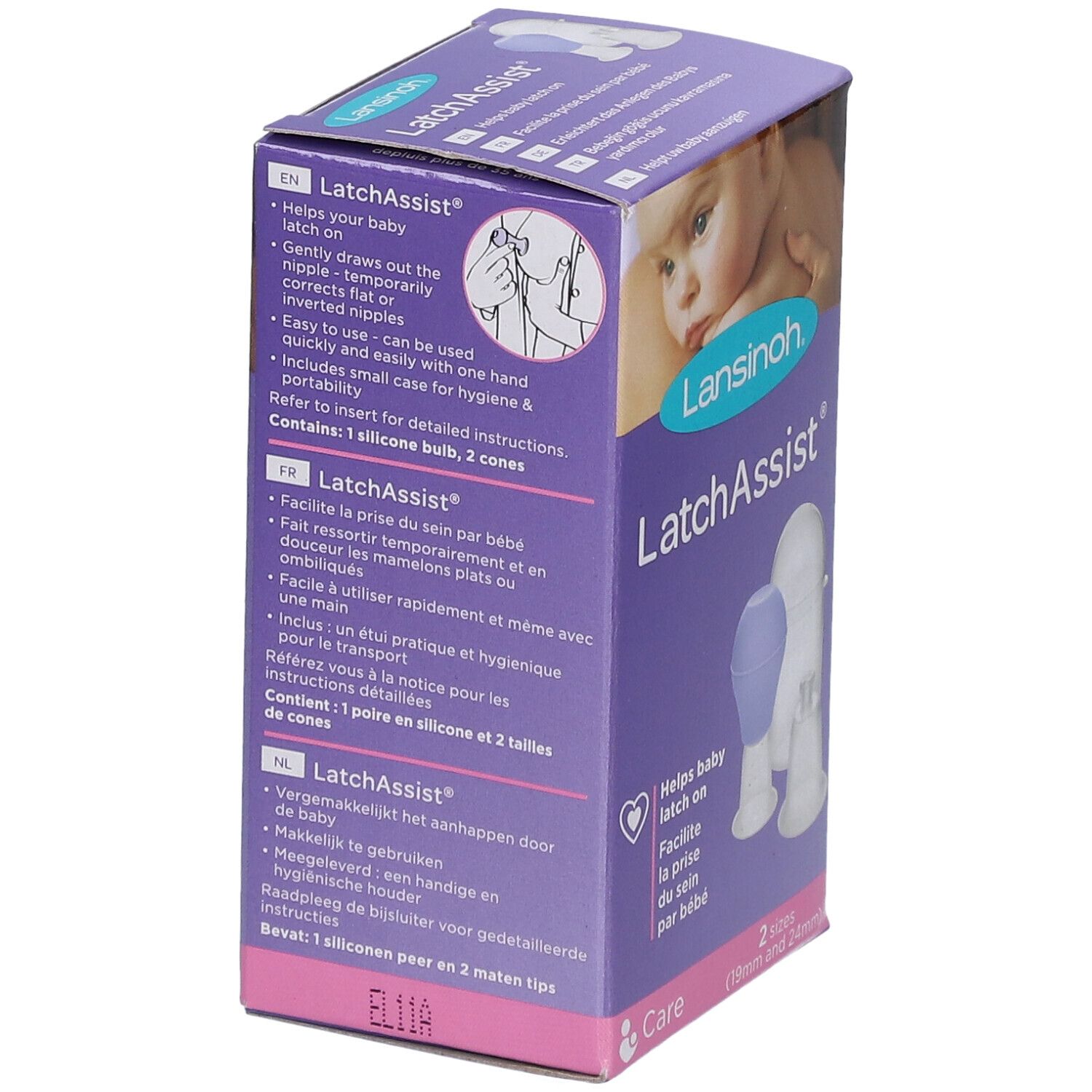 Verpakking van Lansinoh LatchAssist. Bevat twee tepelvormers. Afbeelding van een baby op de verpakking.