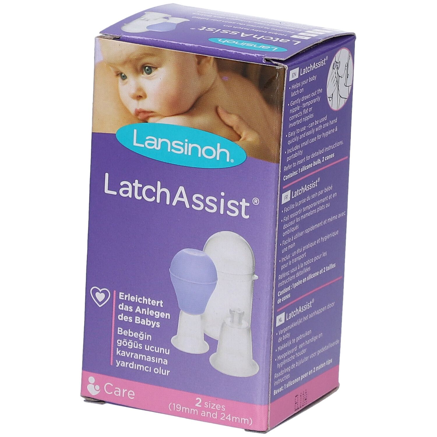 Verpakking van Lansinoh LatchAssist. Bevat twee tepelvormers. Afbeelding van een baby op de verpakking.