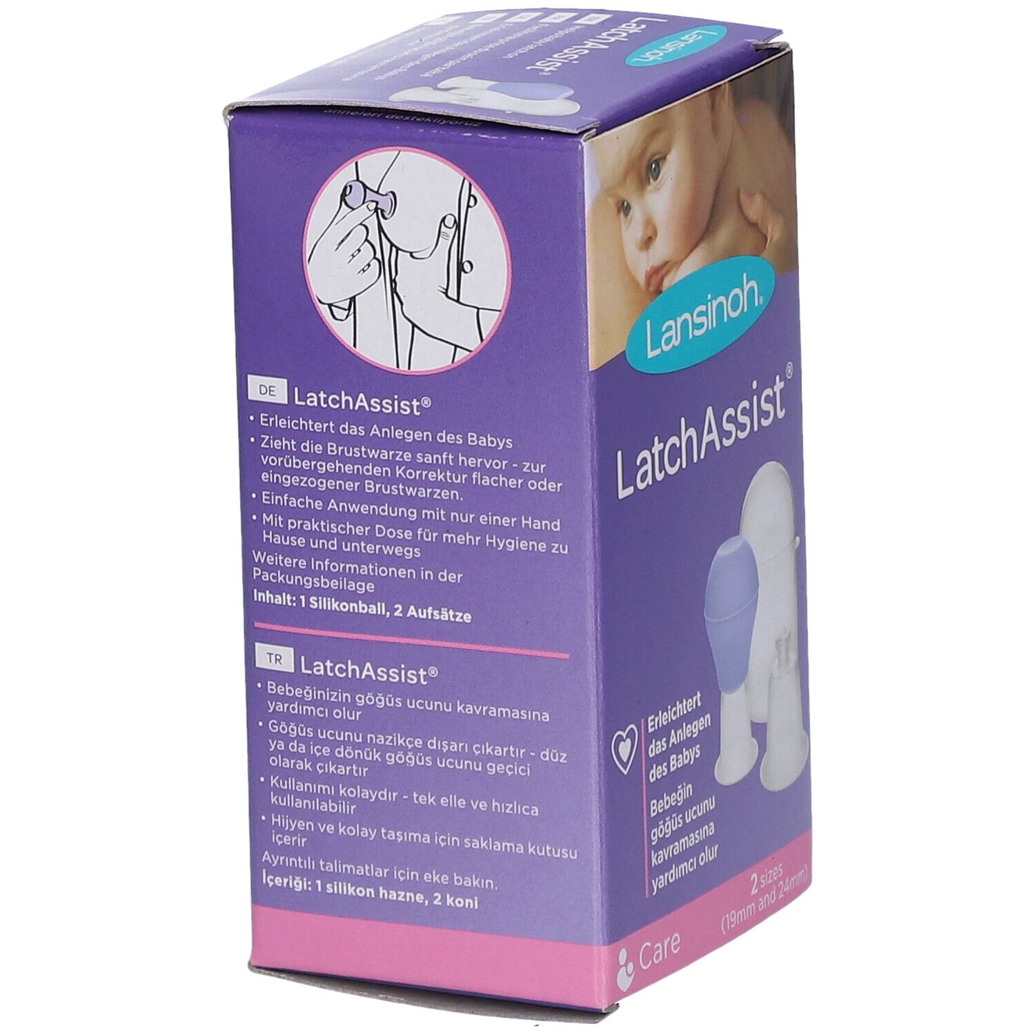 Verpakking van Lansinoh LatchAssist. Bevat twee tepelvormers. Afbeelding van een baby op de verpakking.