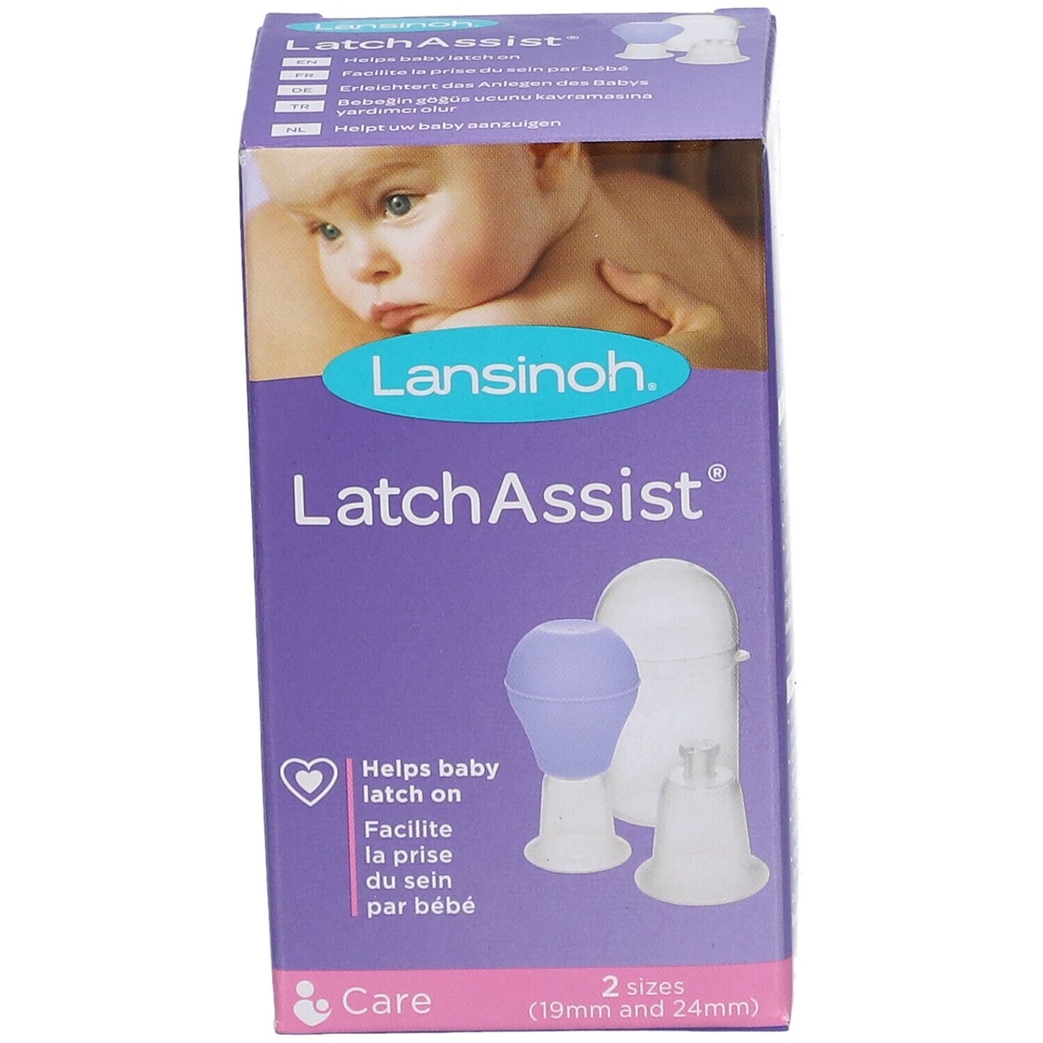 Verpakking van Lansinoh LatchAssist. Bevat twee tepelvormers. Afbeelding van een baby op de verpakking.