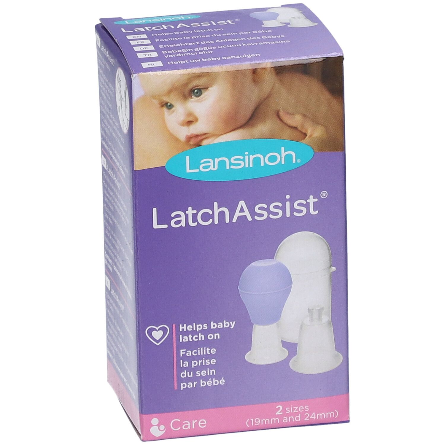 Verpakking van Lansinoh LatchAssist. Bevat twee tepelvormers. Afbeelding van een baby op de verpakking.