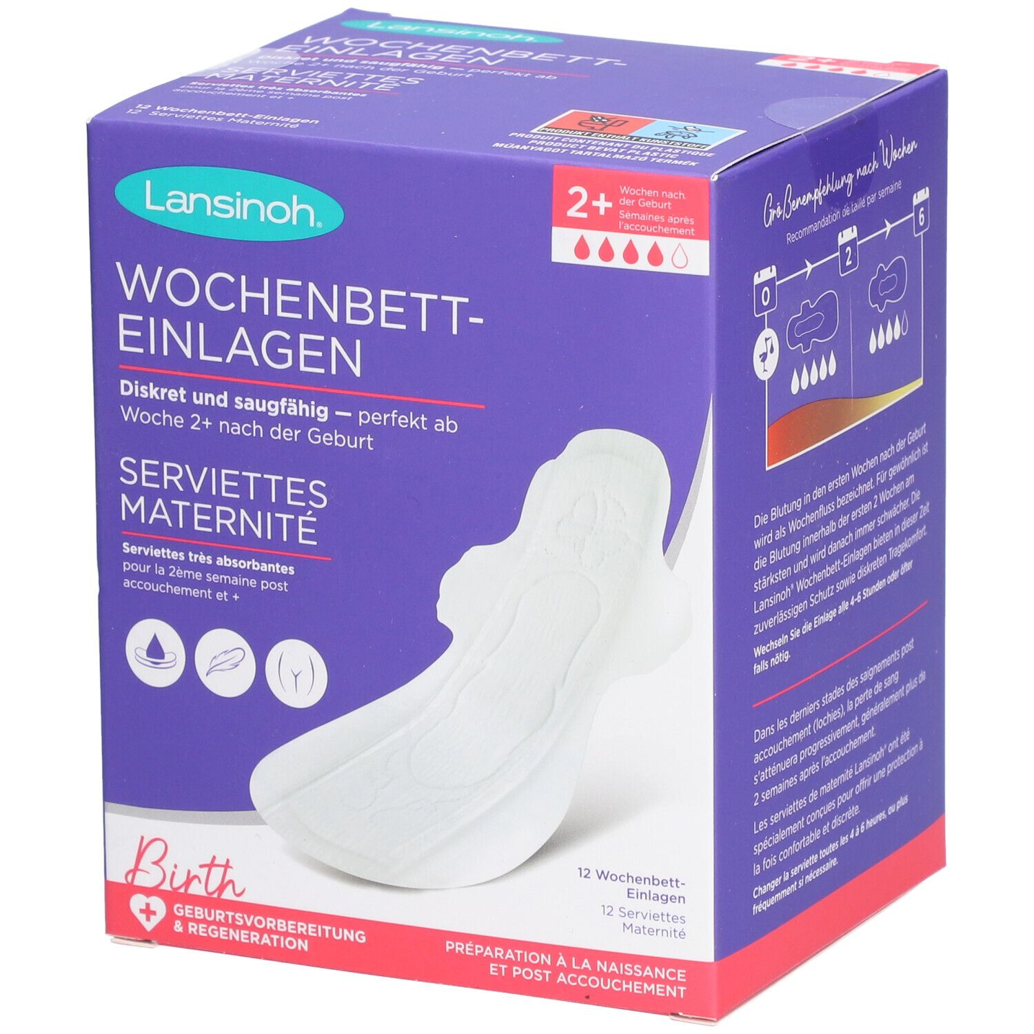 Lansinoh Wochenbetteinlagen-Packung. Violette Schachtel mit Produktabbildung. Text: Wochenbetteinlagen, Servietten Maternité. 12 Stück.
