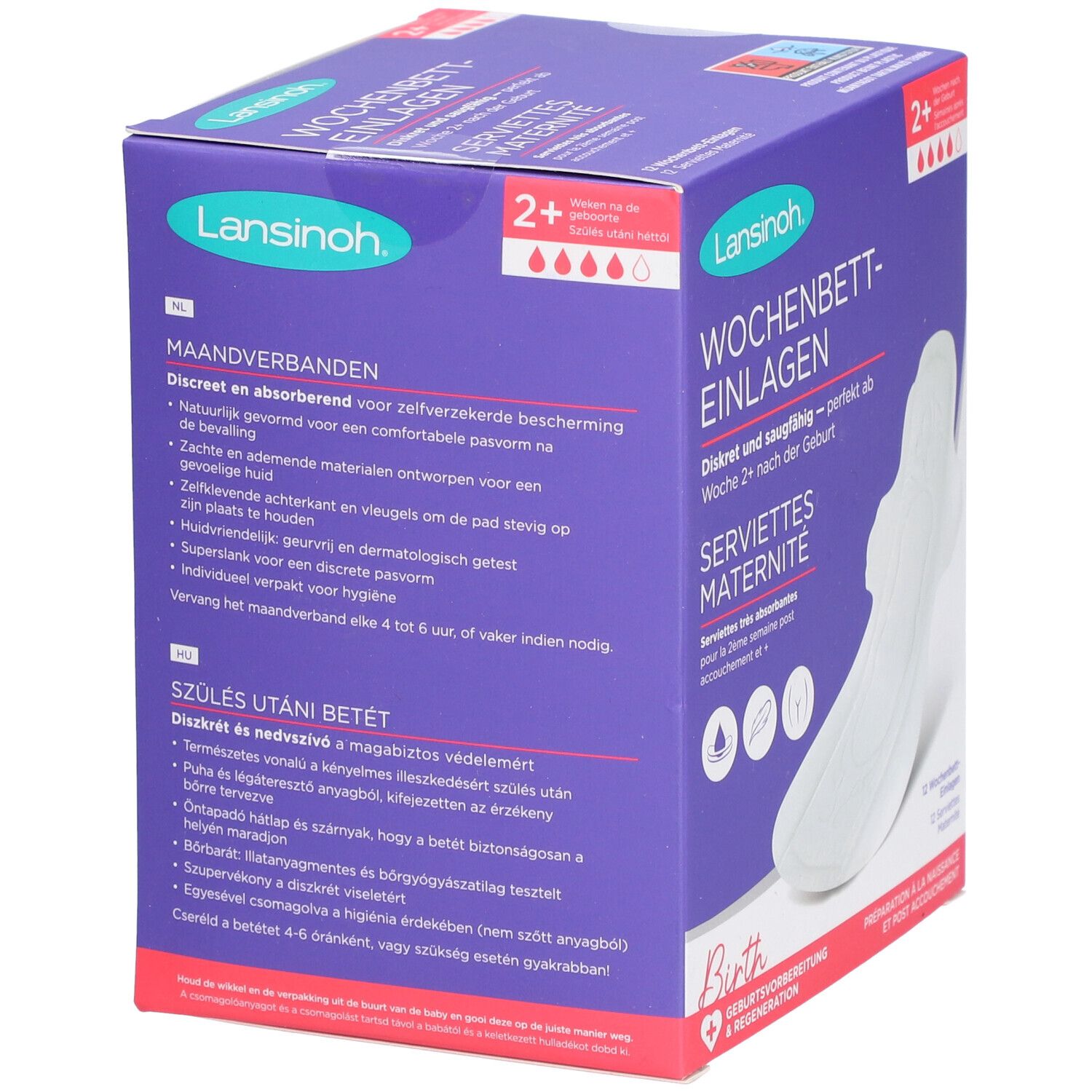 Lansinoh Wochenbetteinlagen-Packung. Violette Schachtel mit Produktinformationen in Deutsch, Niederländisch und Ungarisch. 12 Stück.