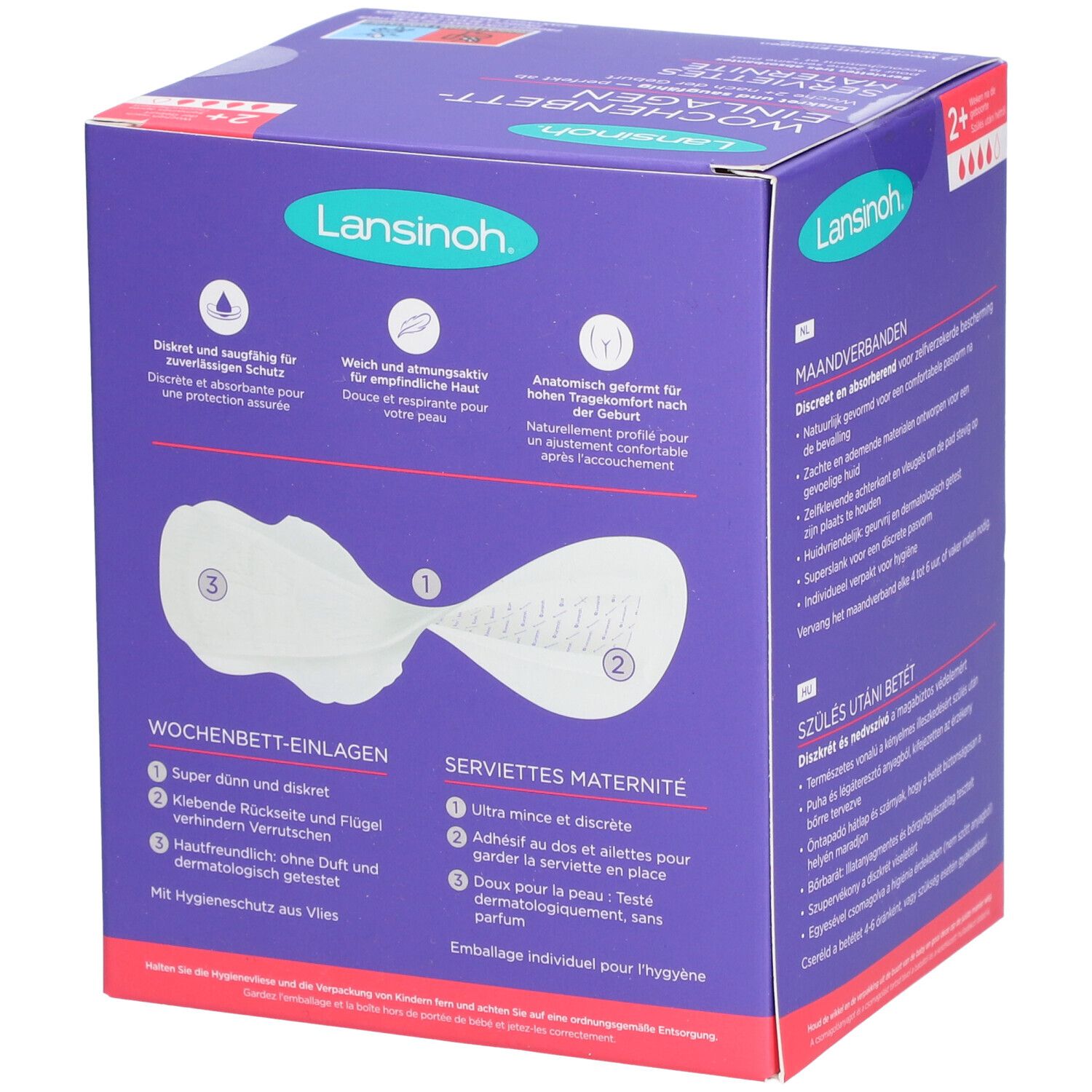 Lansinoh Wochenbetteinlagen-Packung. Violette Schachtel mit Produktabbildung und Produktinformationen. 12 Stück.