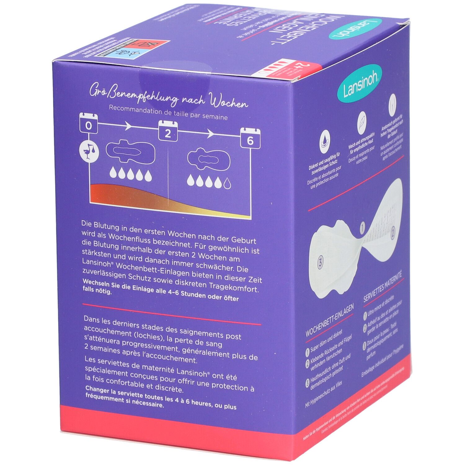 Lansinoh Wochenbetteinlagen-Packung. Violette Schachtel mit Größenempfehlung nach Wochen. Text: Wochenbetteinlagen, Servietten Maternité.