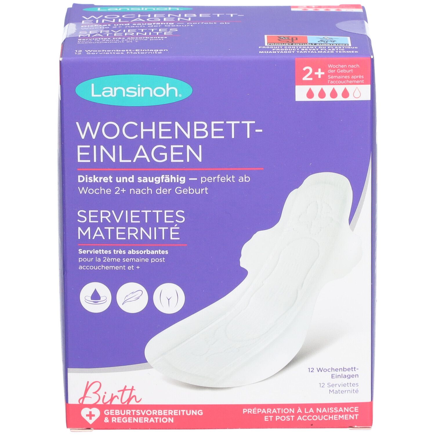 Lansinoh Wochenbetteinlagen-Packung. Violette Schachtel mit Produktabbildung. Text: Wochenbetteinlagen, Servietten Maternité. 12 Stück.