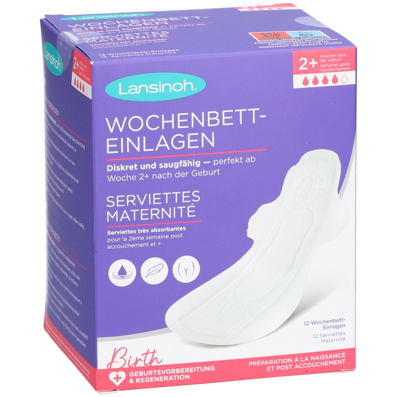 Lansinoh Wochenbetteinlagen-Packung. Violette Schachtel mit Produktabbildung. Text: Wochenbetteinlagen, Servietten Maternité. 12 Stück.