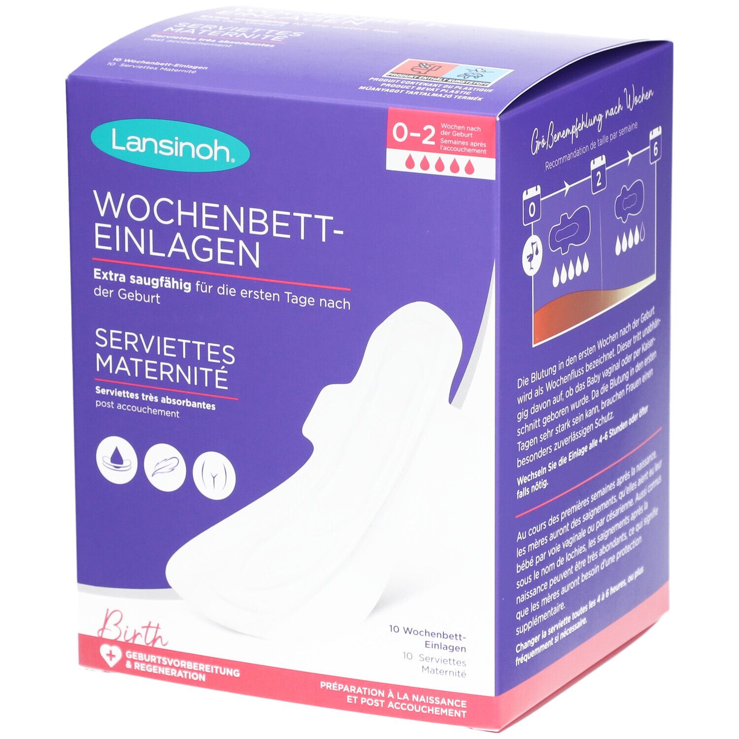 Lansinoh kraamverbandverpakking. Paarse verpakking met productafbeelding. Tekst: Extra absorberend voor de eerste dagen na de bevalling.