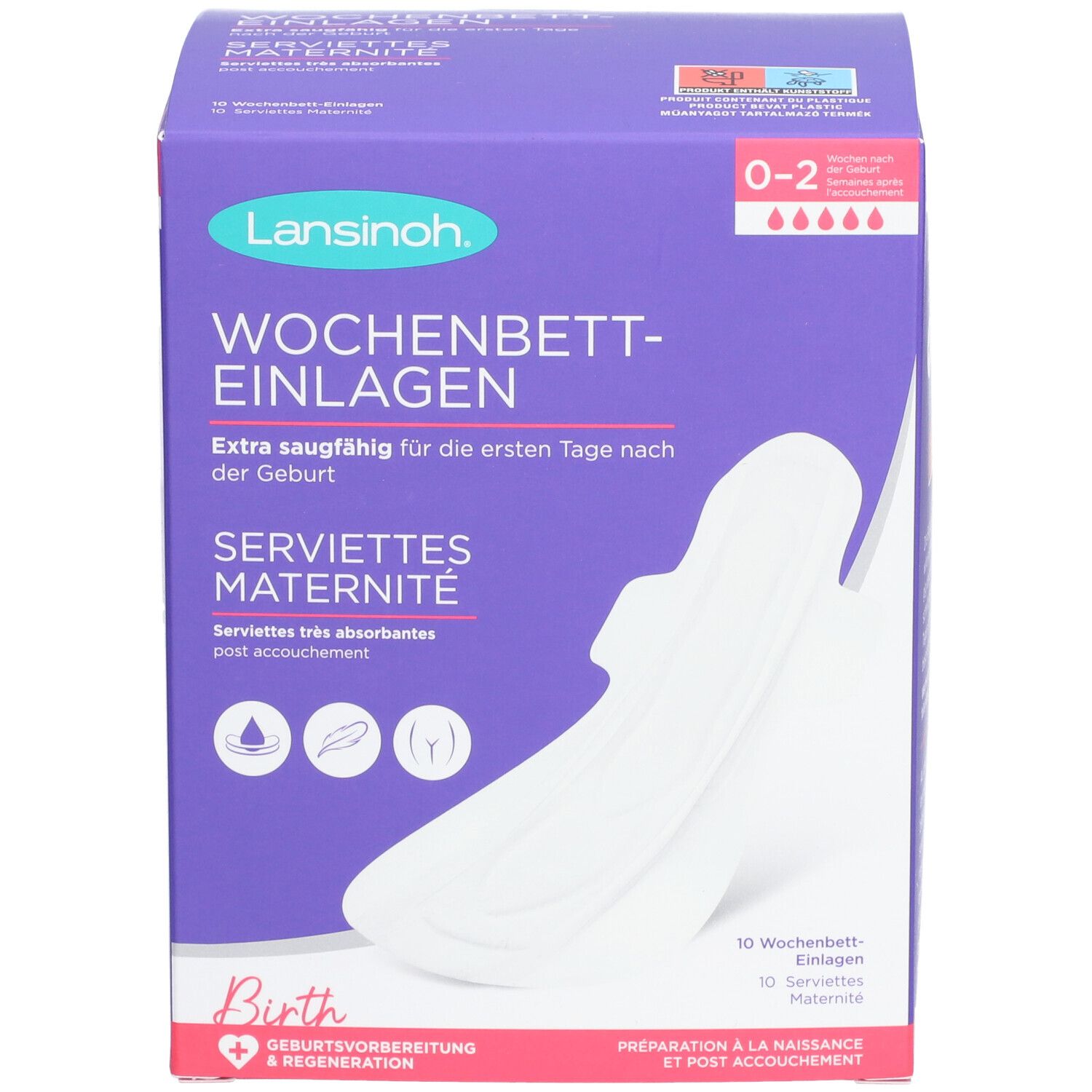 Lansinoh kraamverbandverpakking. Paarse verpakking met productafbeelding. Tekst: Extra absorberend voor de eerste dagen na de bevalling.