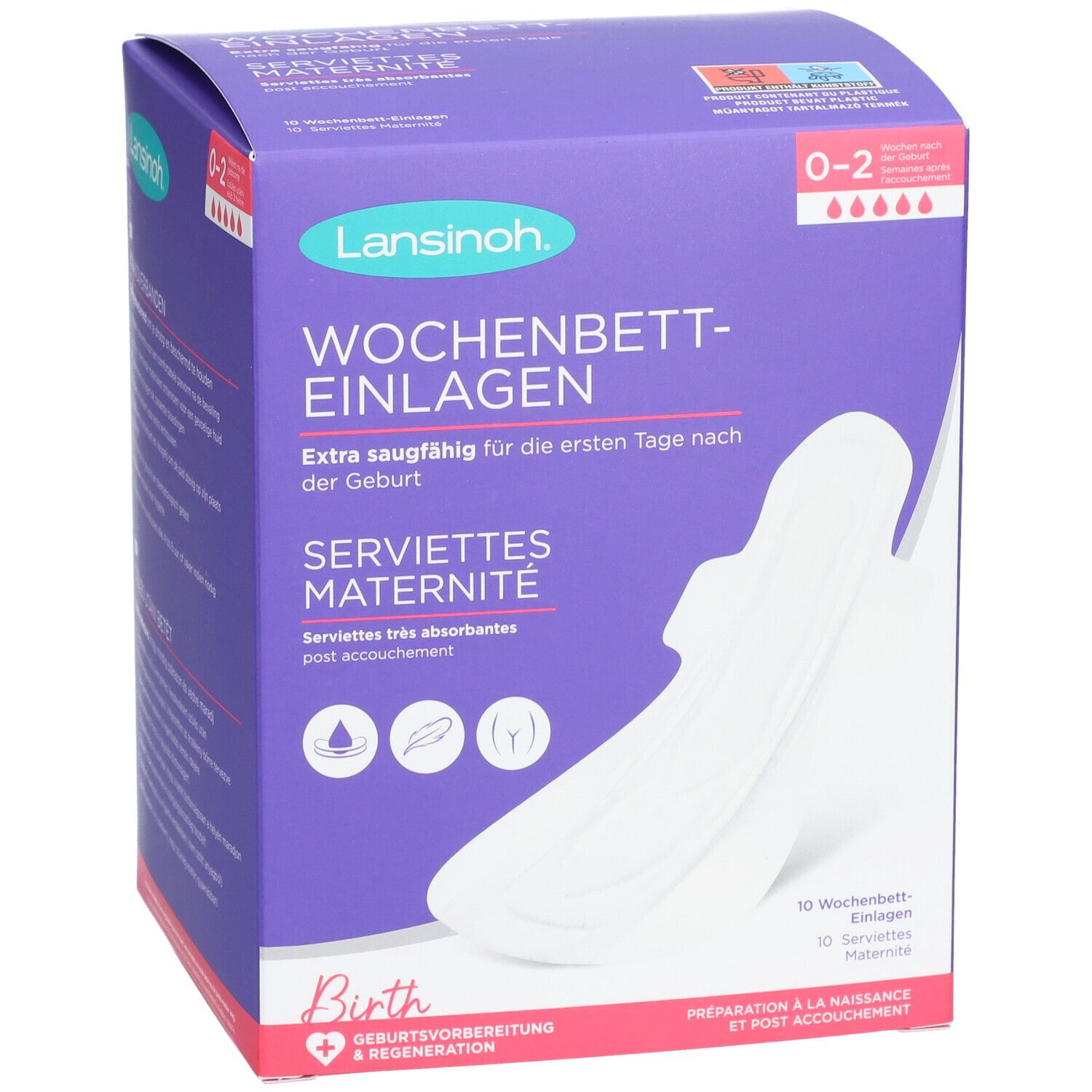 Lansinoh kraamverbandverpakking. Paarse verpakking met productafbeelding. Tekst: Extra absorberend voor de eerste dagen na de bevalling.